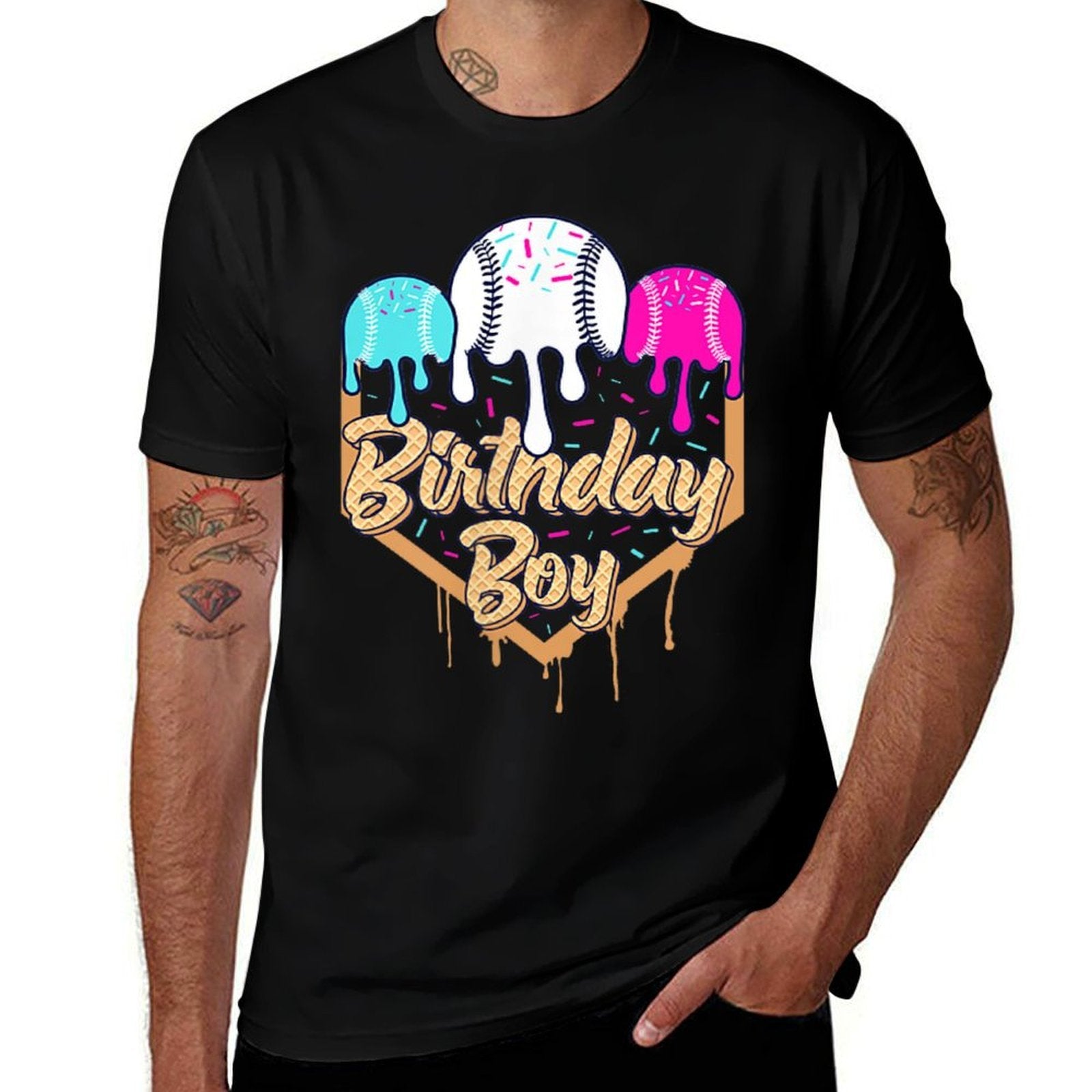 7th Birthday Baseball Ice Cream Drip Sprinkles 7 Year Old Affordable Price T-Shirt