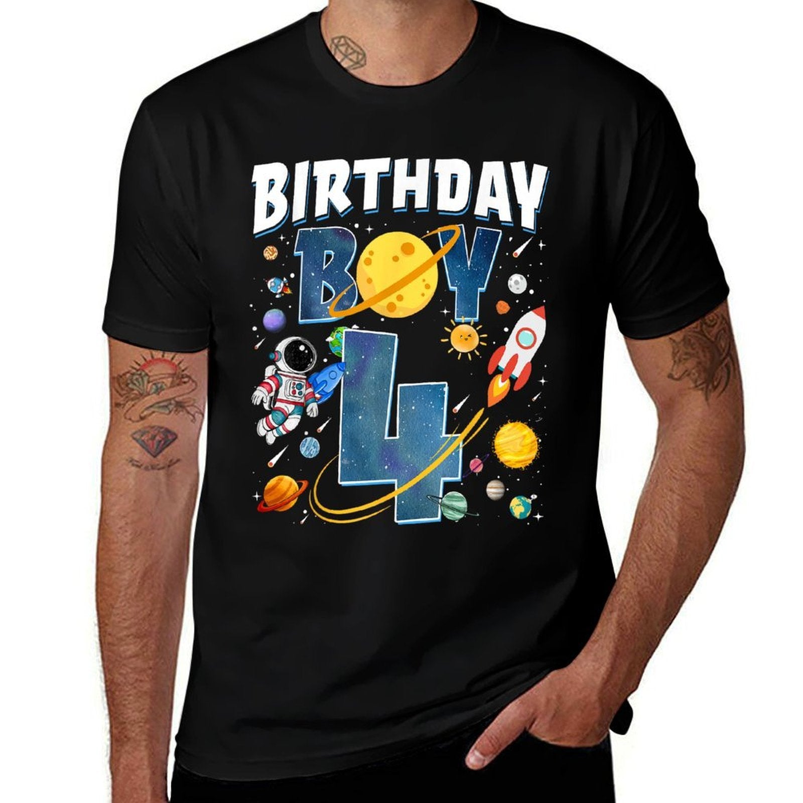 4th Birthday Astronaut Space Planets 4 Years Old Bday Boy Durable T-Shirt