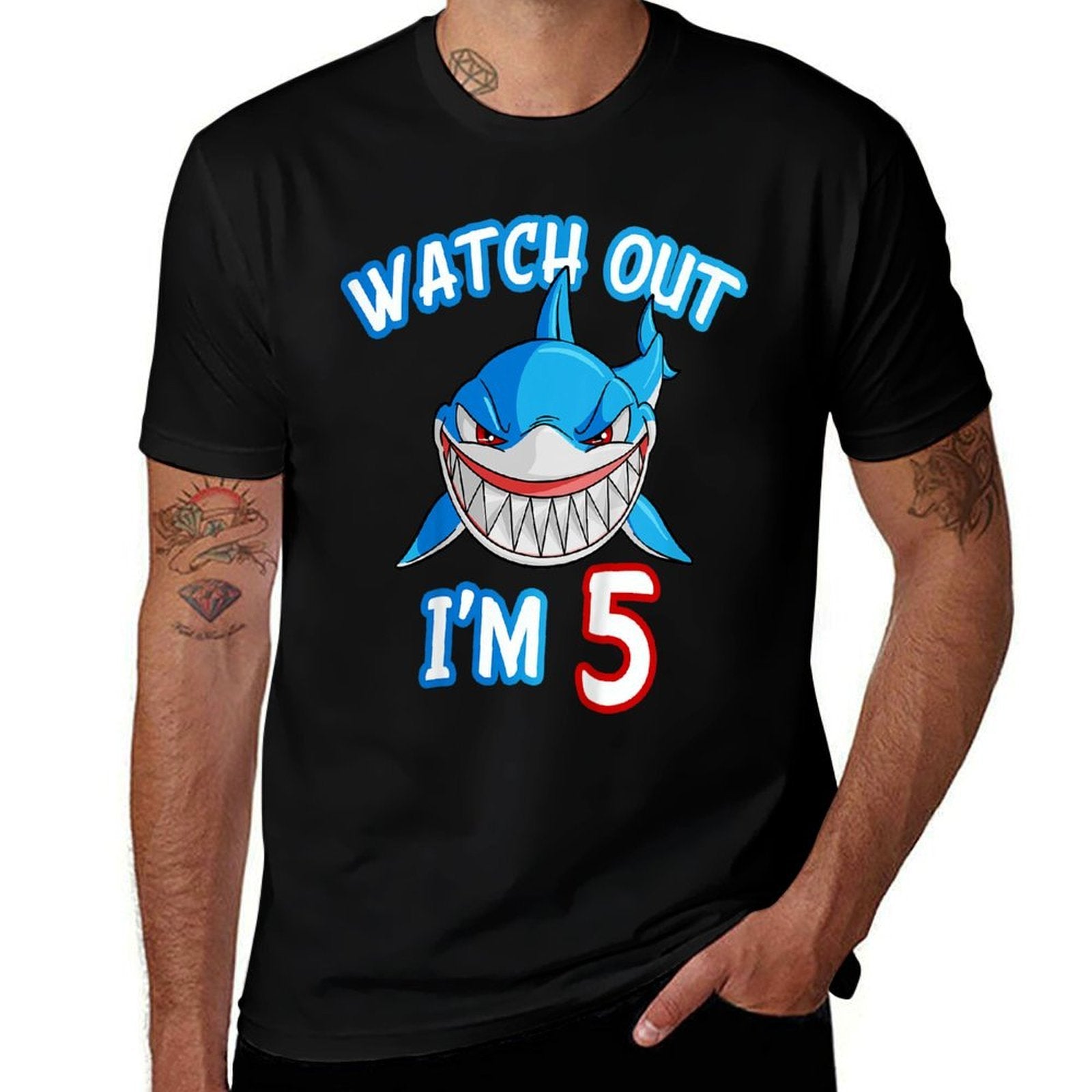 5 Yrs Old Boy Watch Out Shark SHIRT 5th Birthday Cotton T-Shirt