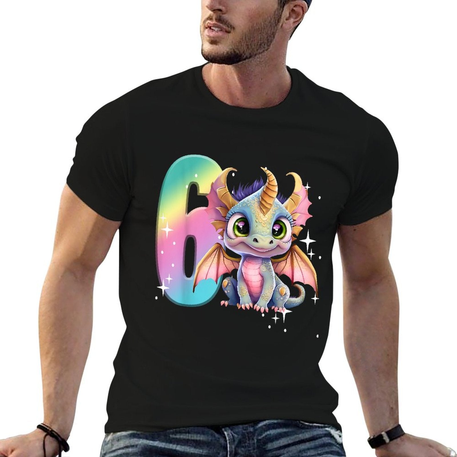 6th Birthday Dragon Party Rainbow Girl Dragon Cute Six  Slim-fit Cut T-Shirt