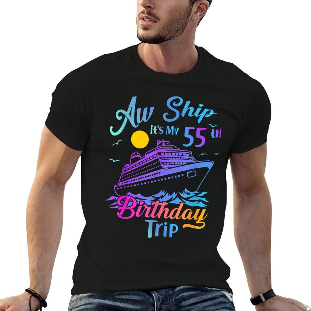 Aw Ship Its My 55th Birthday Trip Cruise Vacation Party  Ribbed Collar T-Shirt