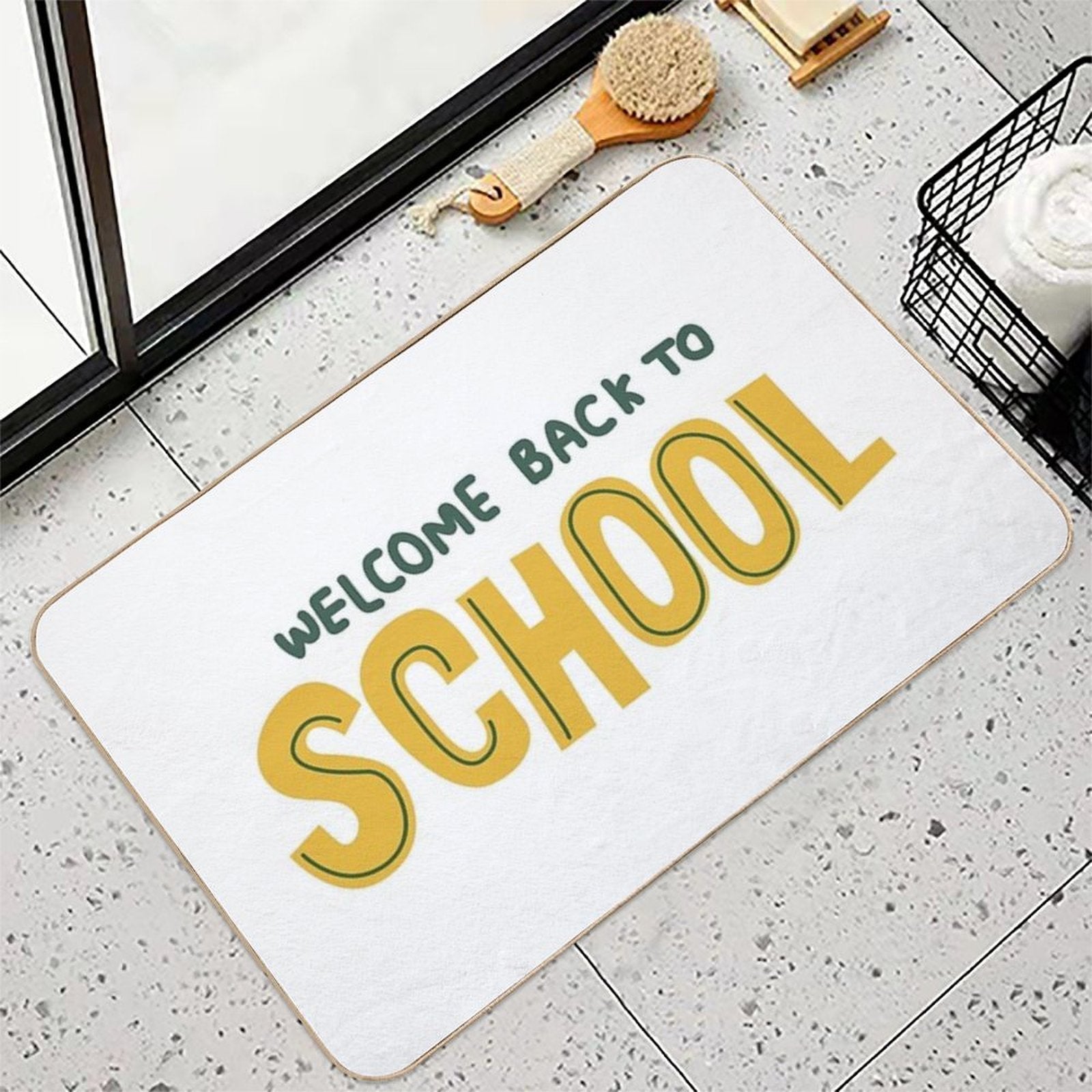 Back to School Hand Drawn Yellow Text  Pet-Safe Bath Mat