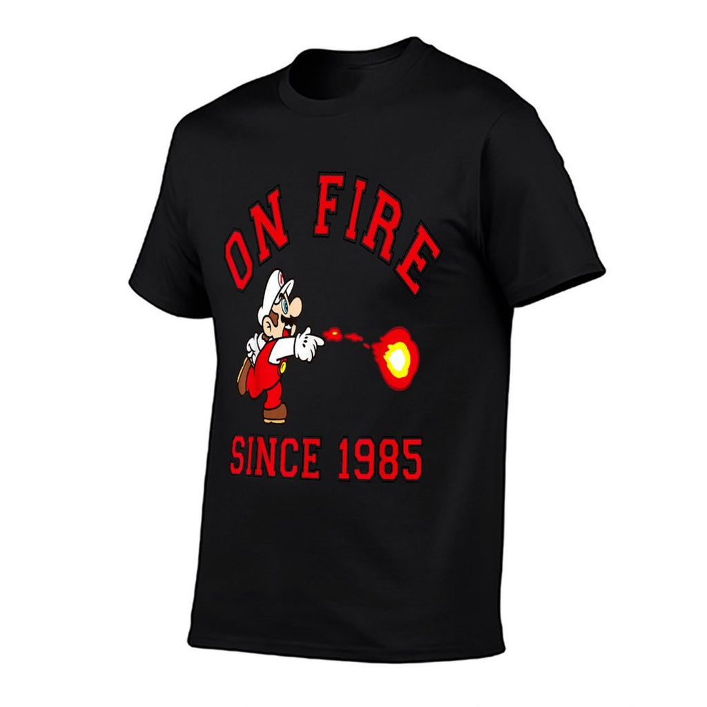 Super Mario Bros On Fire Since 1985 Red Text Collegiate  Slim-fit Cut T-Shirt