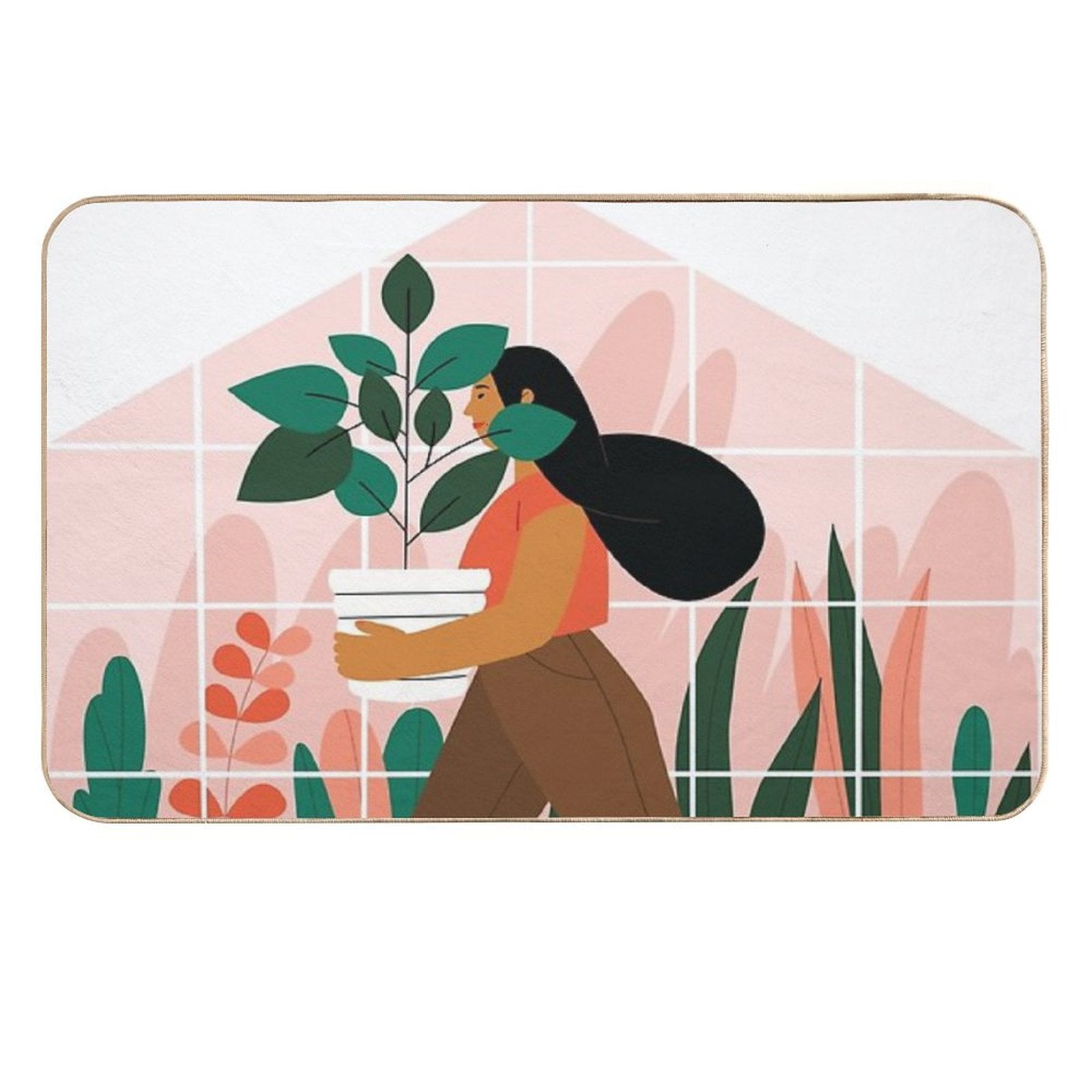 Beautiful Girl with A Plant in A Pot. Minimalistic Greenhouse  Multi-Purpose Bath Mat