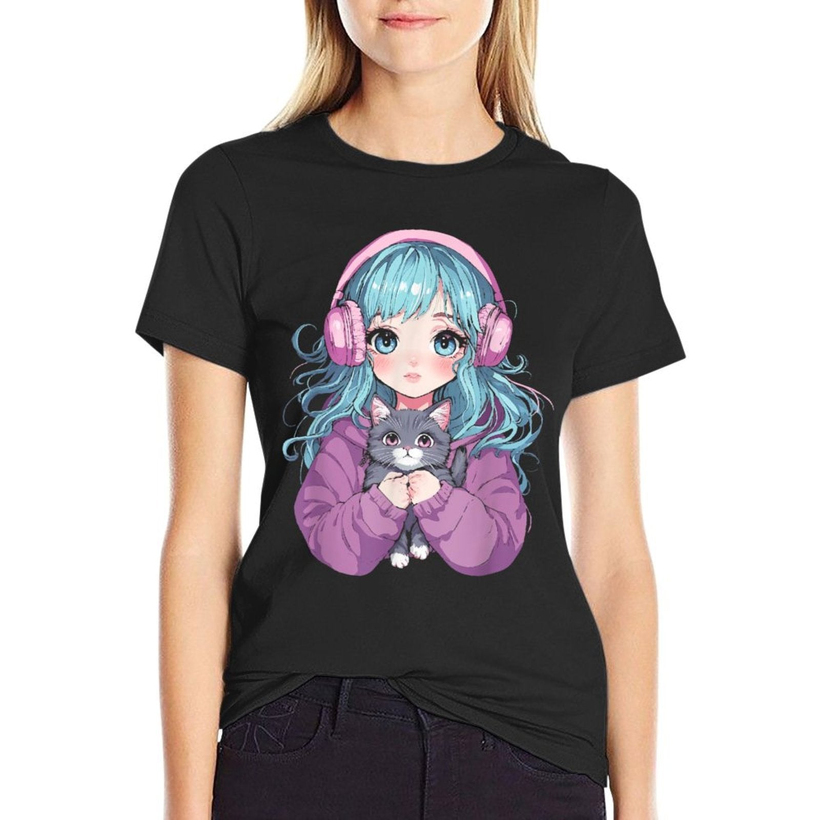 Anime Girl Cat Japanese Kawaiins Girls  Eco-friendly Material T-Shirt