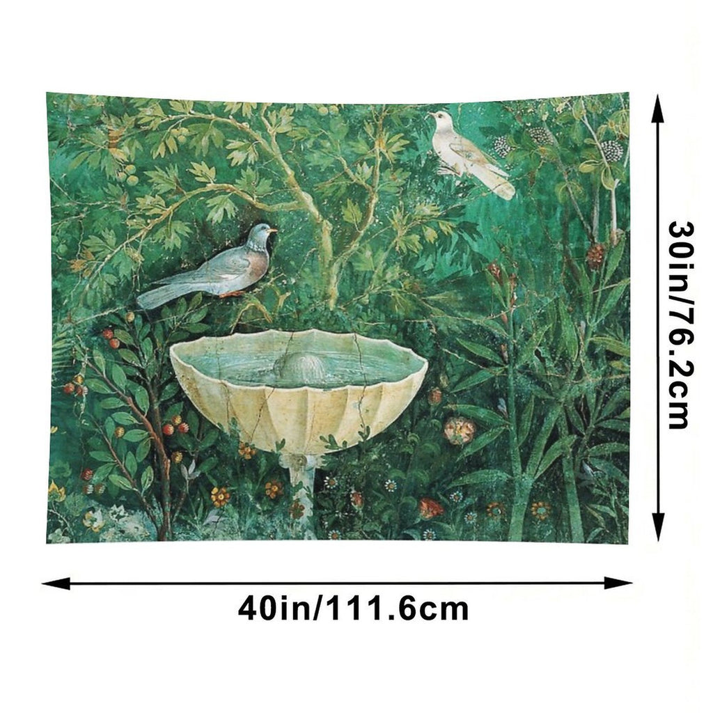 POMPEII COLLECTION,LITTLE BIRDS,DOVES AND FOUNTAIN  IN GARDEN ,GREEN FLORAL Tapestry