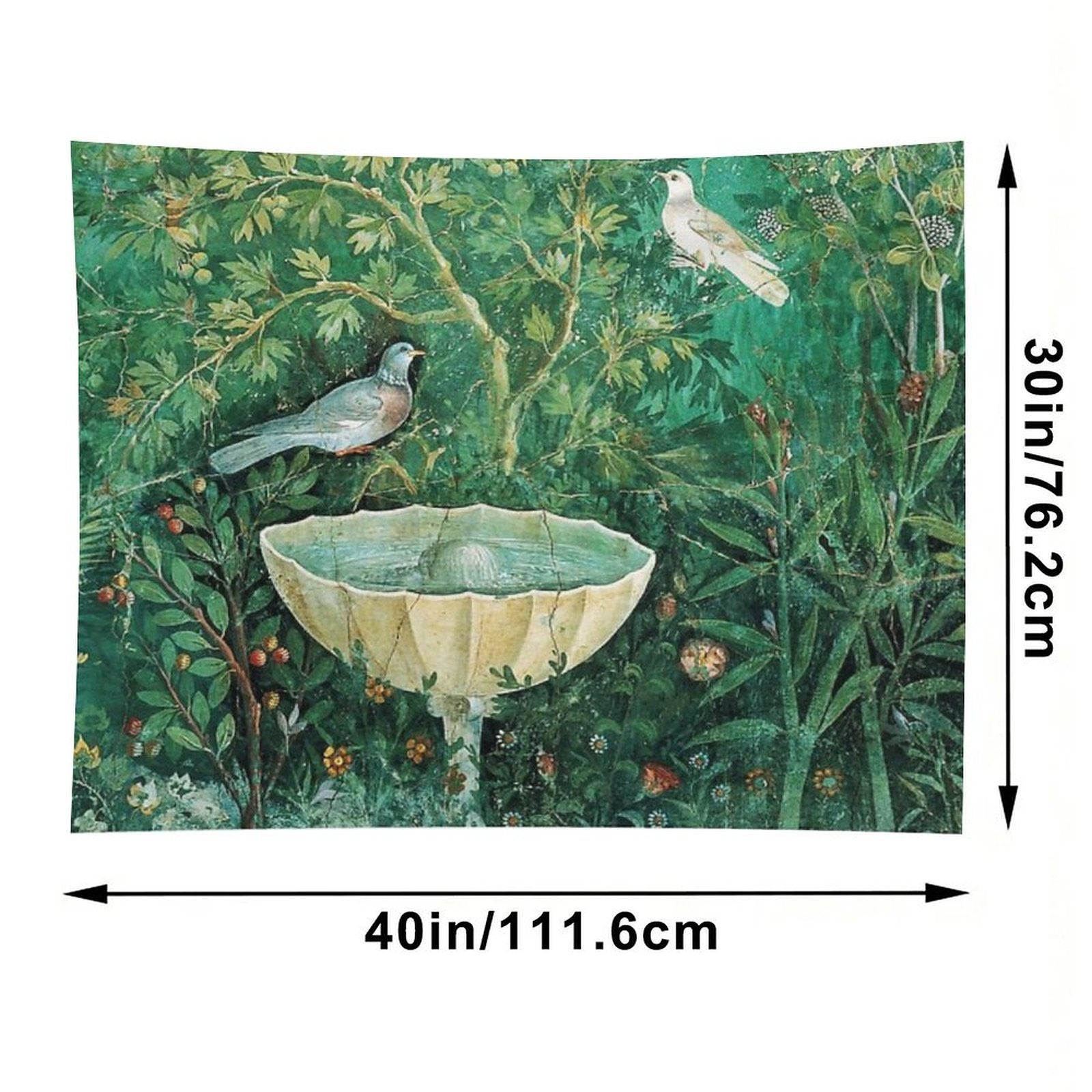 POMPEII COLLECTION,LITTLE BIRDS,DOVES AND FOUNTAIN  IN GARDEN ,GREEN FLORAL Tapestry