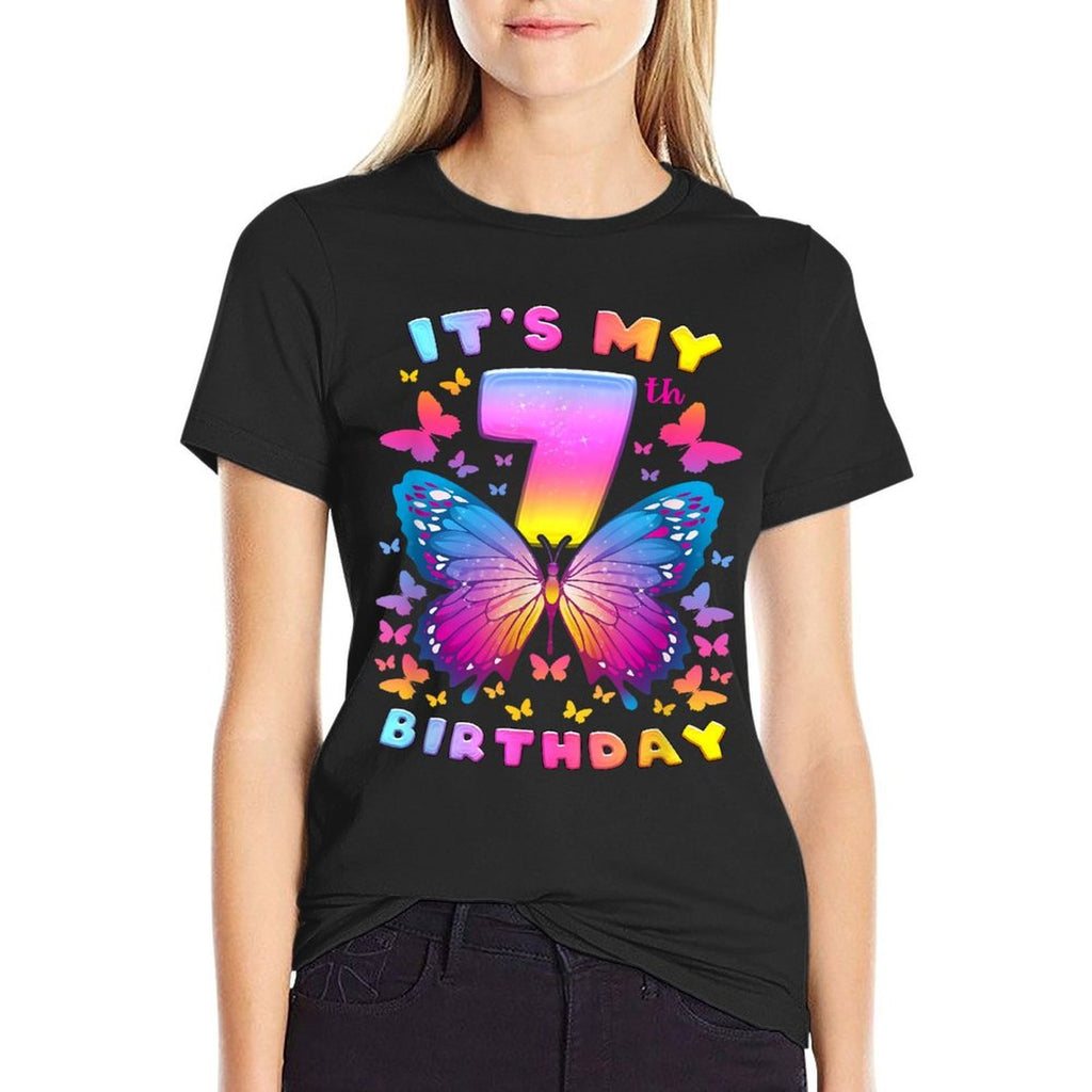 7th Birthday, Girl 7 Years, Butterfly, Number 7  Cotton T-Shirt