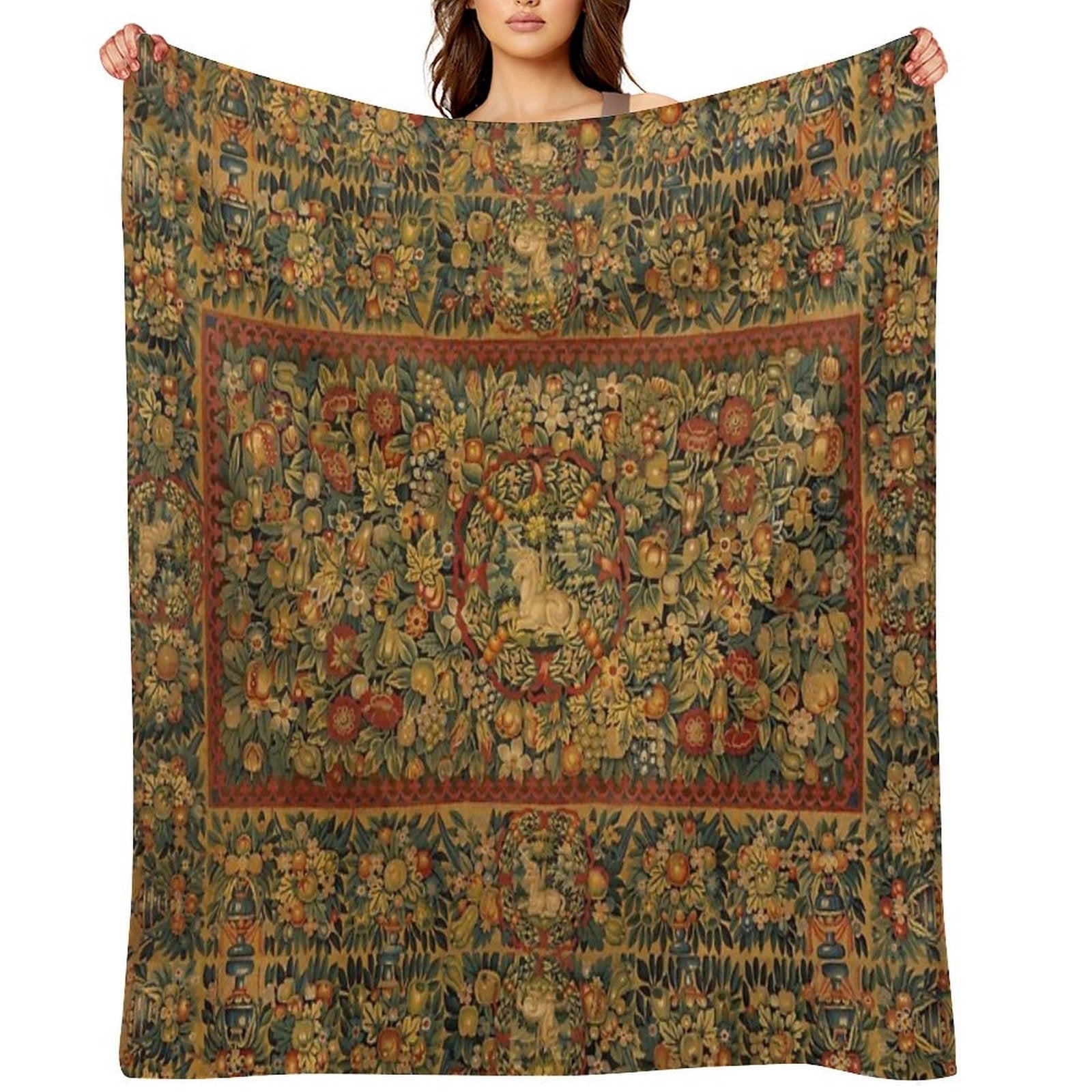 Medieval Unicorn Floral Tapestry Shrink-resistant Throw Blanket