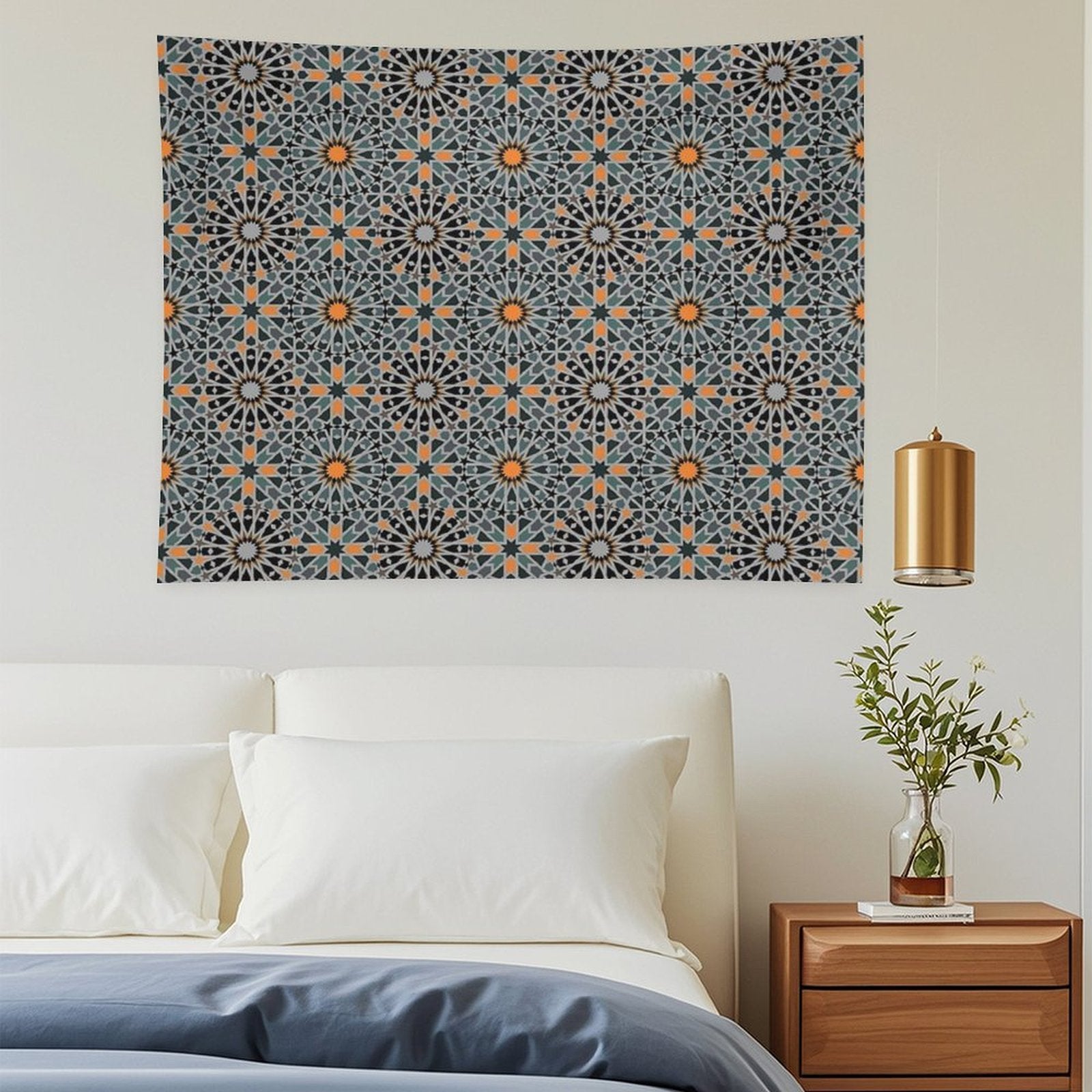 Celestial Illumination Orange Stars in Geometric Night Tapestry