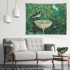 POMPEII COLLECTION,LITTLE BIRDS,DOVES AND FOUNTAIN  IN GARDEN ,GREEN FLORAL Tapestry