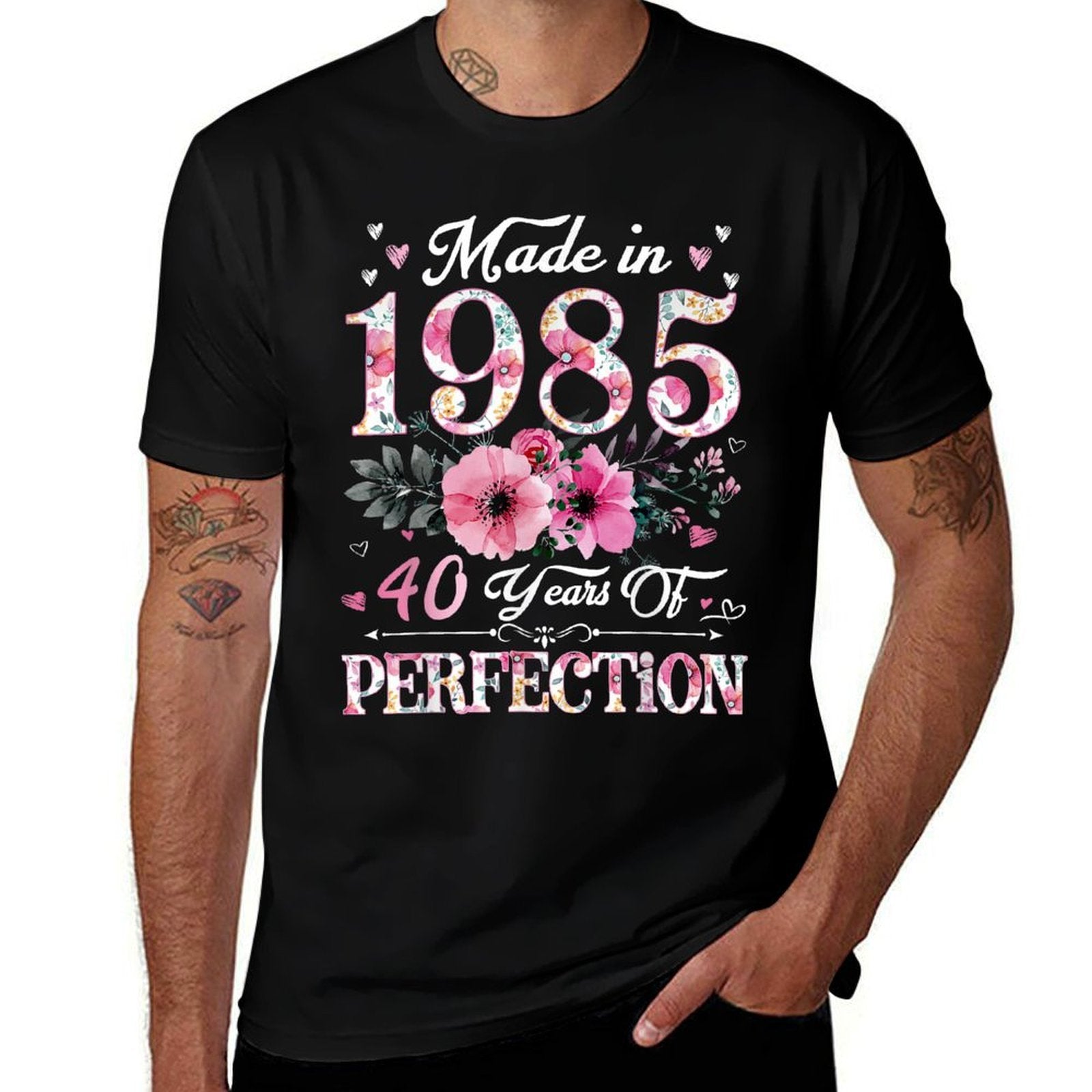 40 Year Old Made In 1985 Floral 40th Birthday Gift For Women  Ribbed Collar T-Shirt
