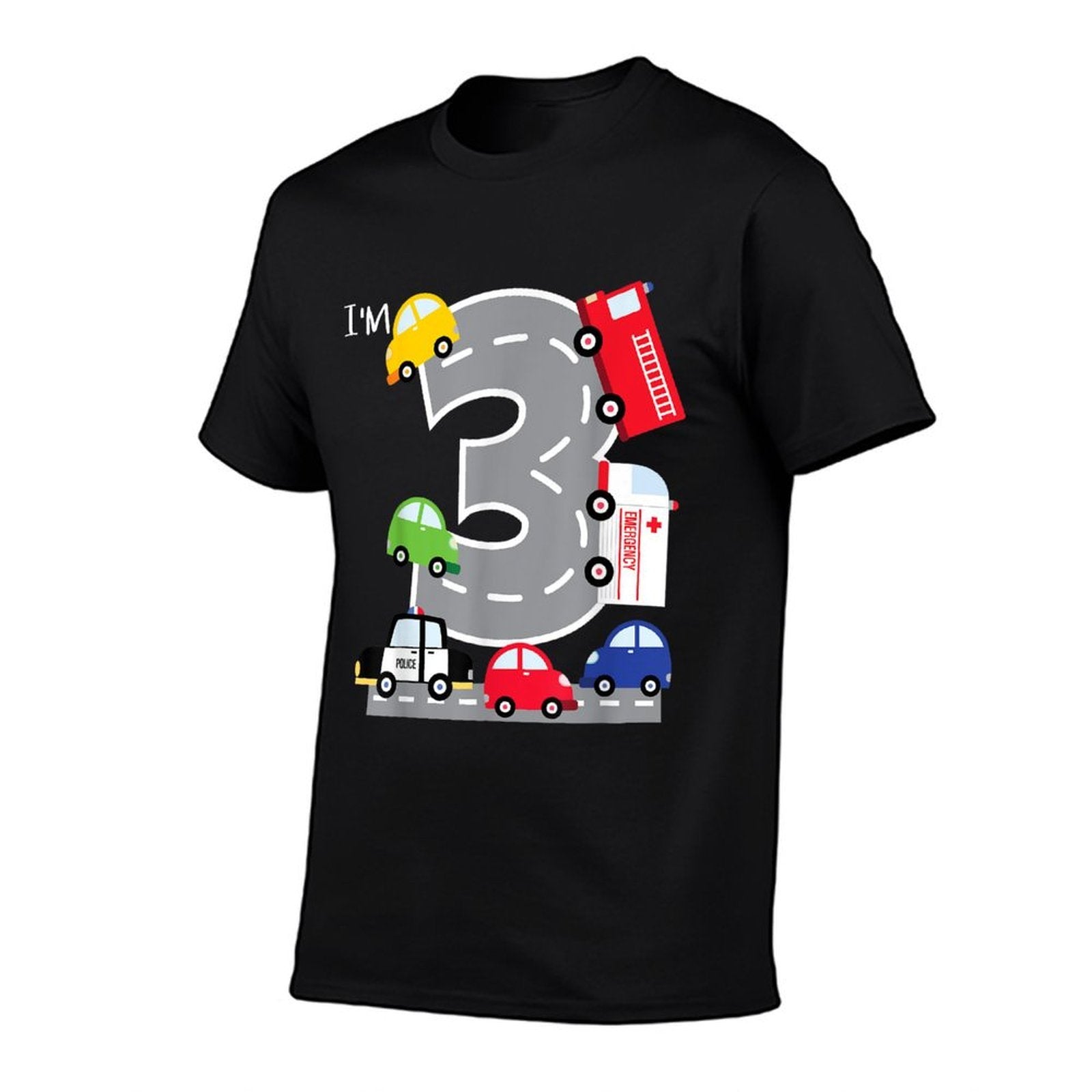 3rd Birthday 3 Year Old Transportation Cars Fire Truck  Rolled Sleeves T-Shirt