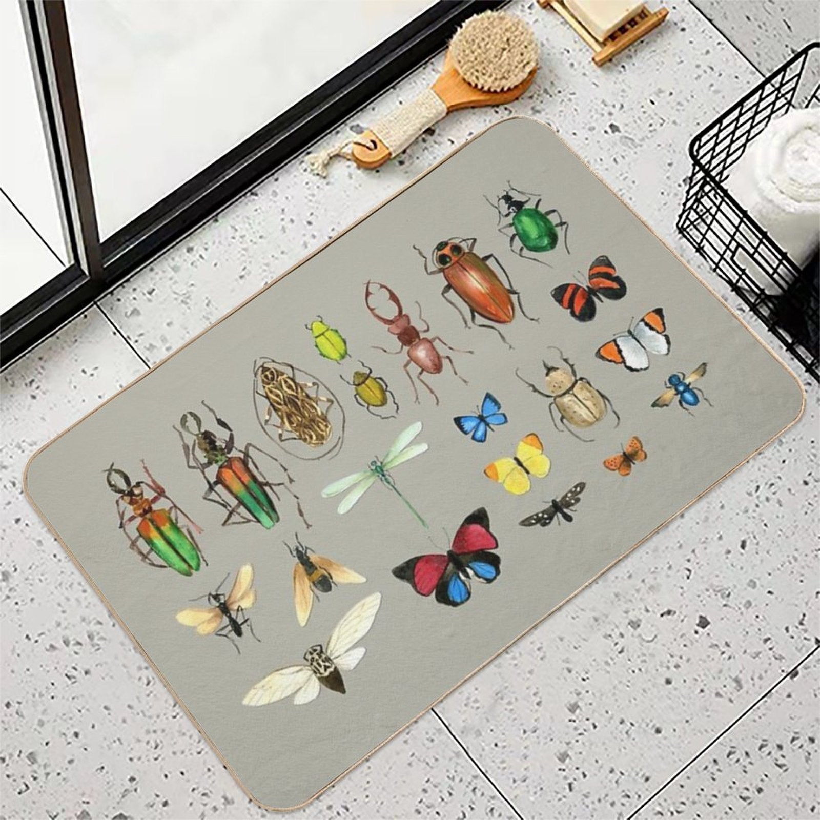 The Usual Suspects - Insects on Grey - Watercolour Bugs Pattern by Cecca Designs  Easy Maintenance Bath Mat