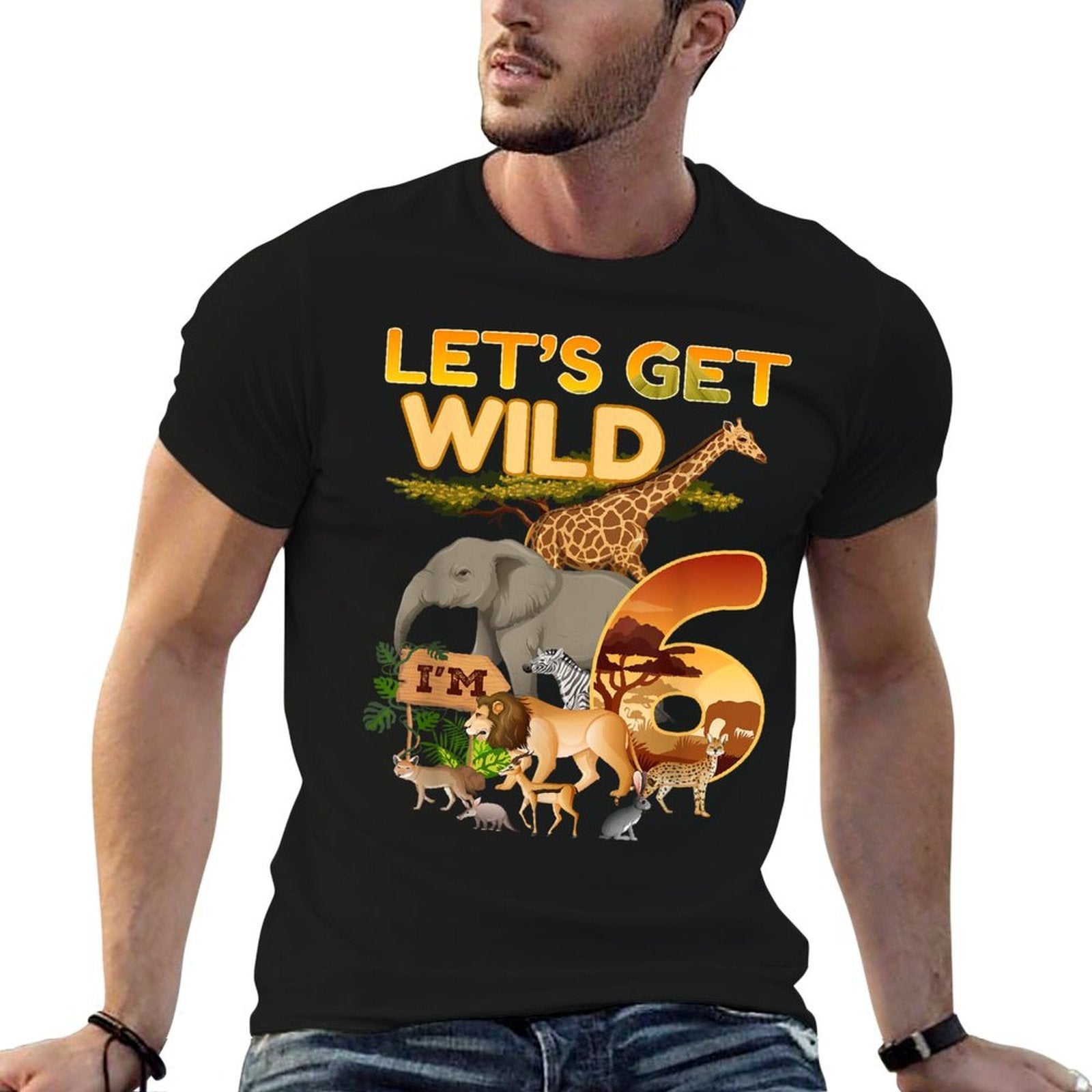 6th Birthday Zoo Safari Jungle Animal 6 Year Old Funny B-Day  Ribbed Collar T-Shirt