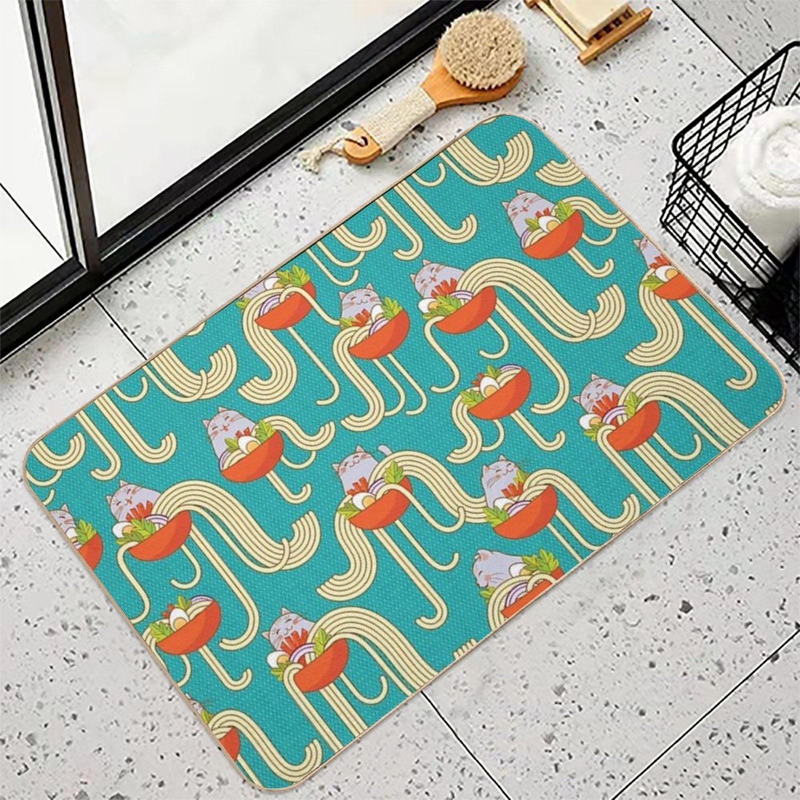 Plates of Noodles And Funny Cats.  Slip-Resistant Bath Mat