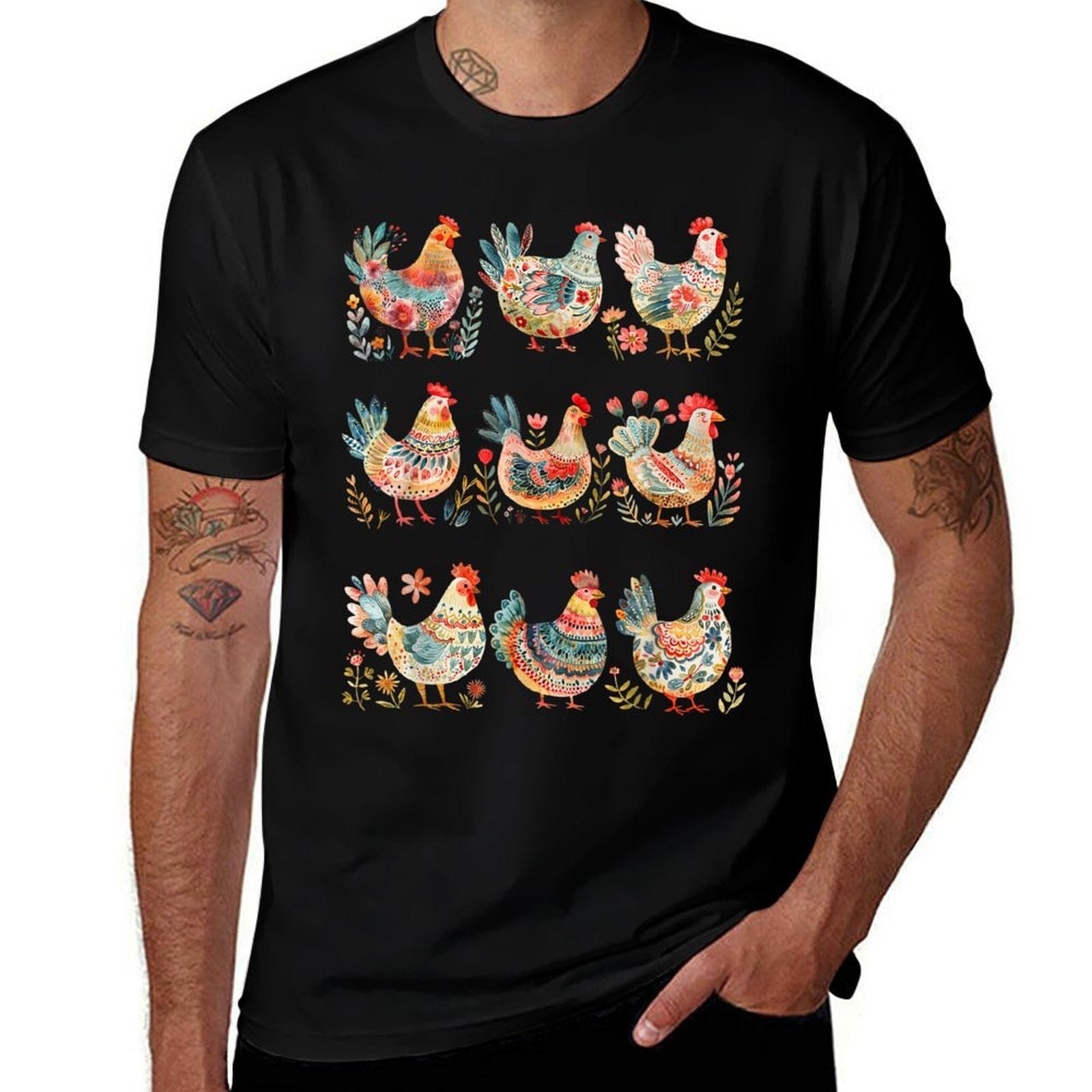 Cottagecore Floral Chicken Folk Art Scandi Farm Animal Lover  Lightweight T-Shirt