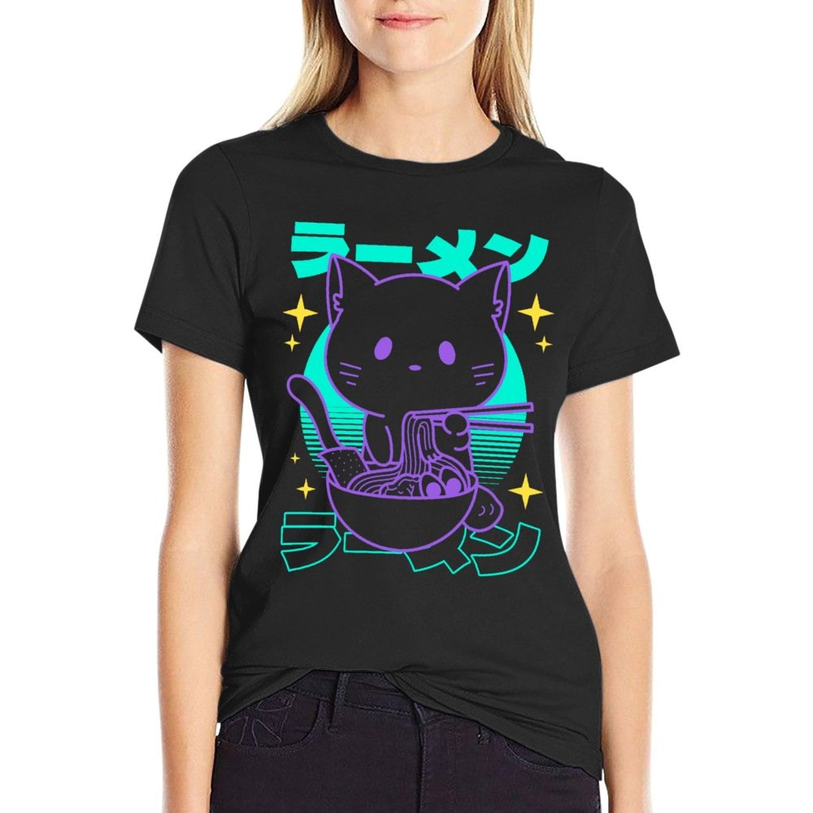 Anime Ramen Cat Japanese Retro Noodles Aesthetic Kawaii Cat  Oversized Silhouette T-Shirt
