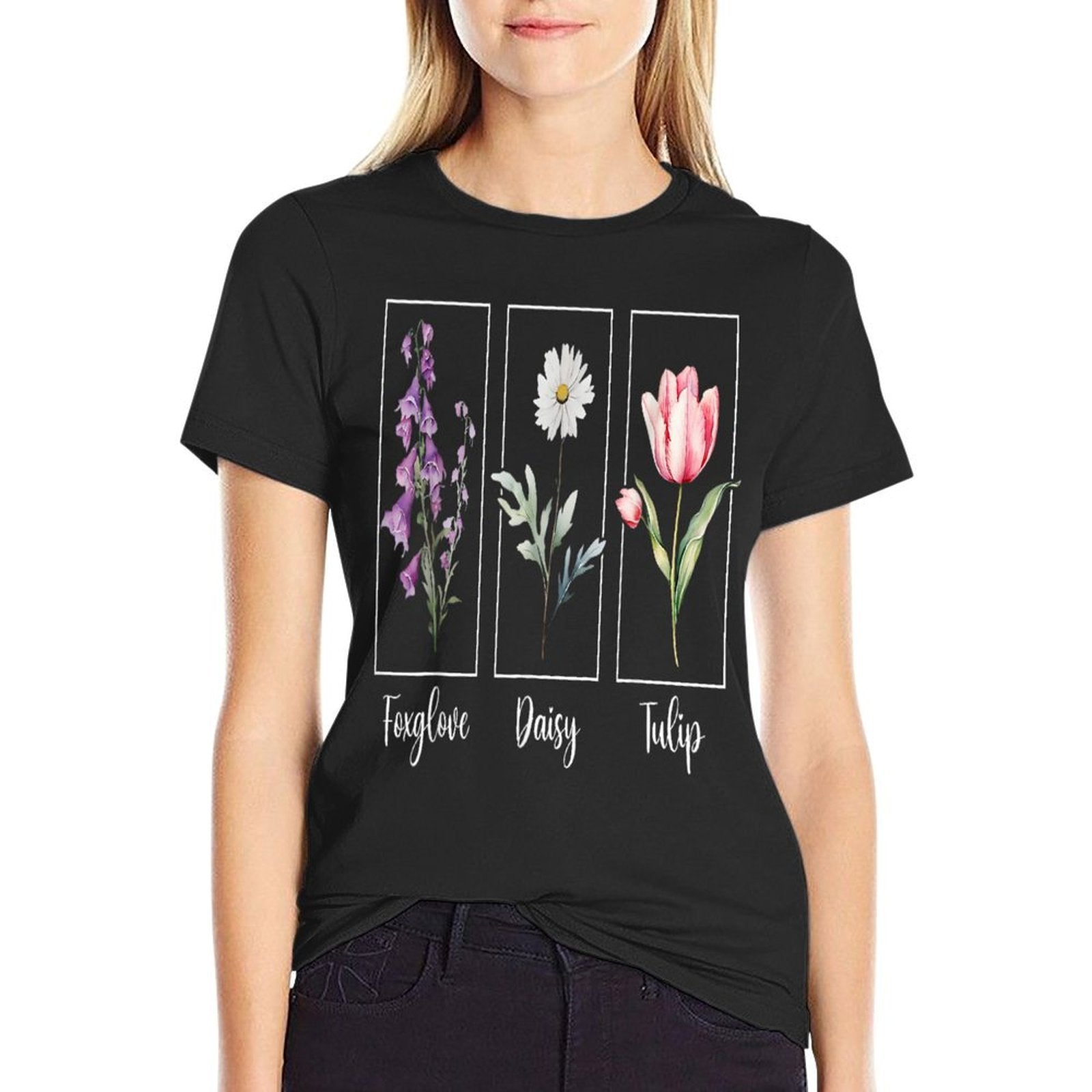 Subtle Floral Foxglove Daisy Tulip Flowers Women  Summer-ready Fabric T-Shirt