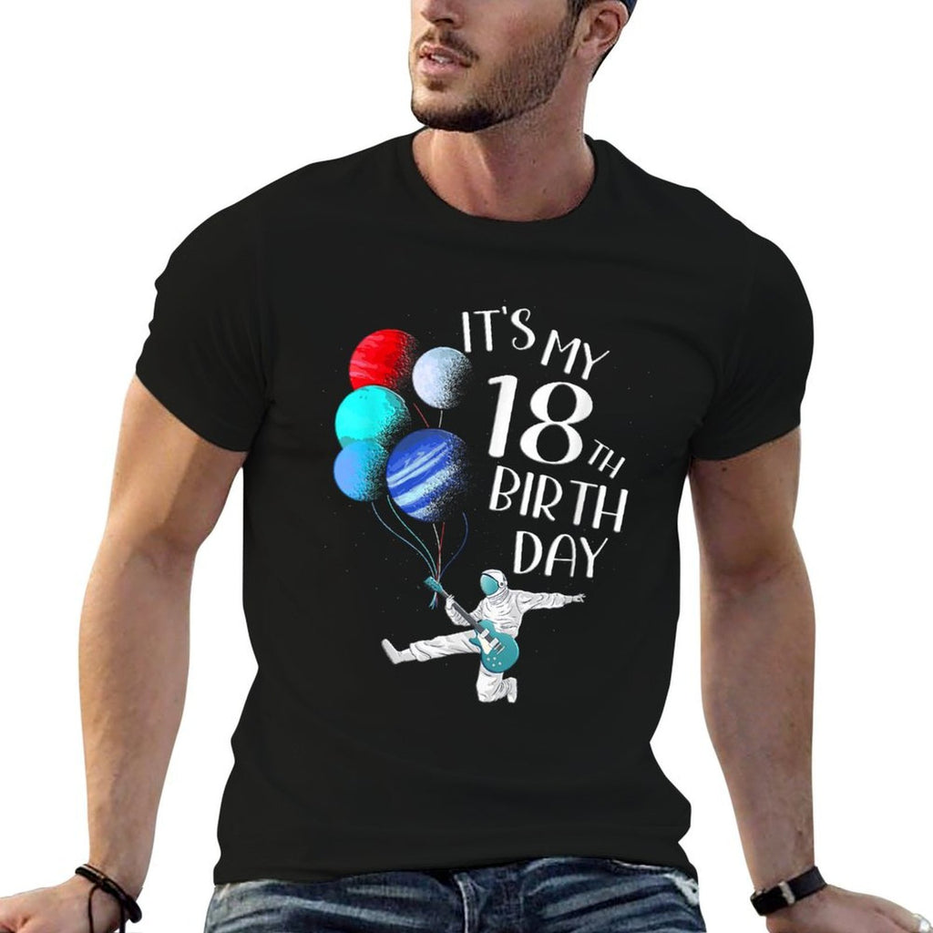 Mens Its My 18th Birthday Planet Balloons Astronaut Guitar Player  Stretchy T-Shirt