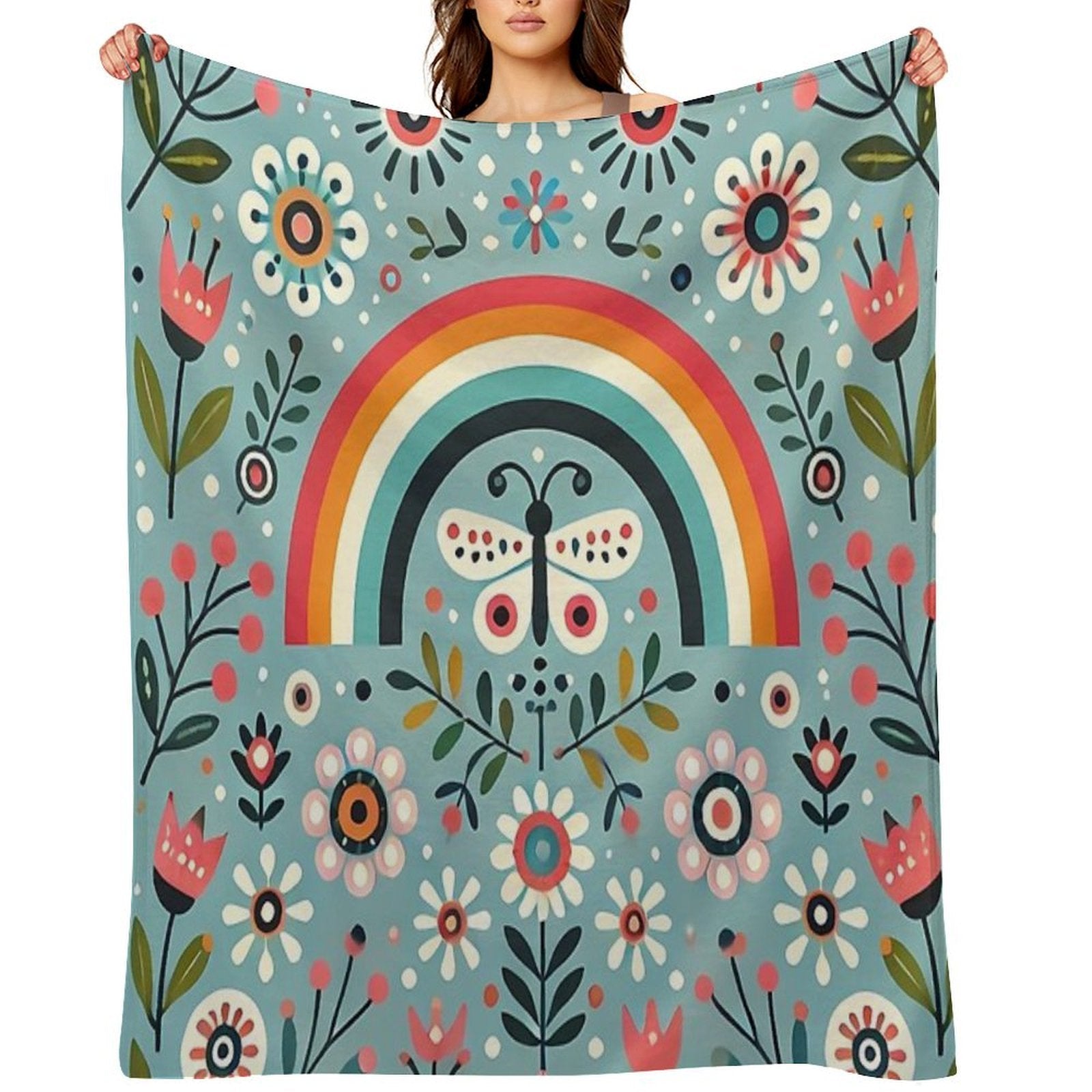 Blue Serene Folk Butterfly with Rainbow - Scandinavian Folk Art by Heidiannemorris © Durable Throw Blanket