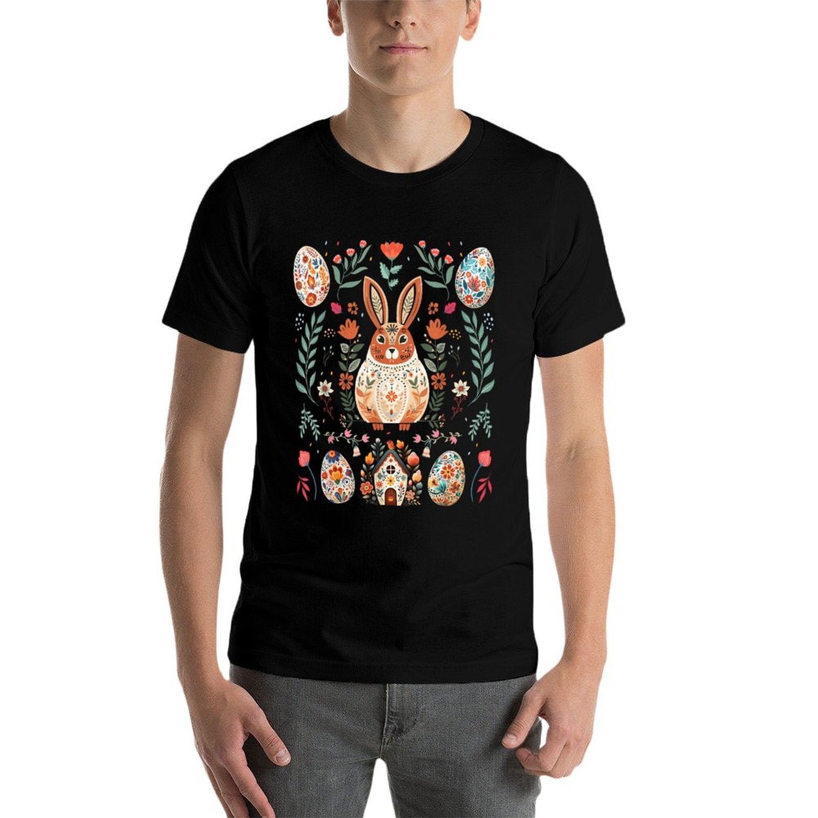 Nordic Scandinavian Folk Art Vintage Bunny Happy Easter Day  Trendy Pattern T-Shirt