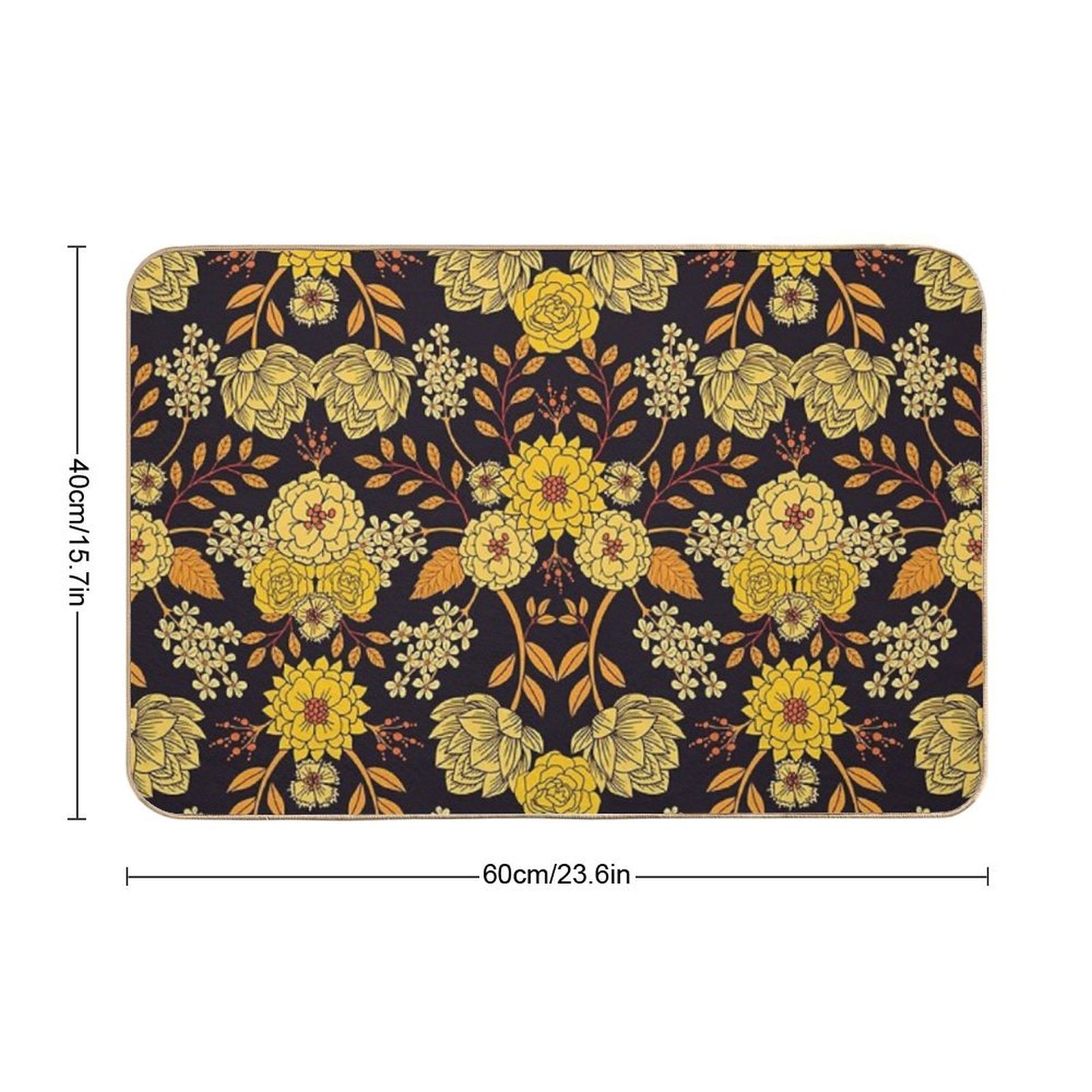 Yellow, Orange & Navy Blue Dark Floral Pattern  Easy Maintenance Bath Mat
