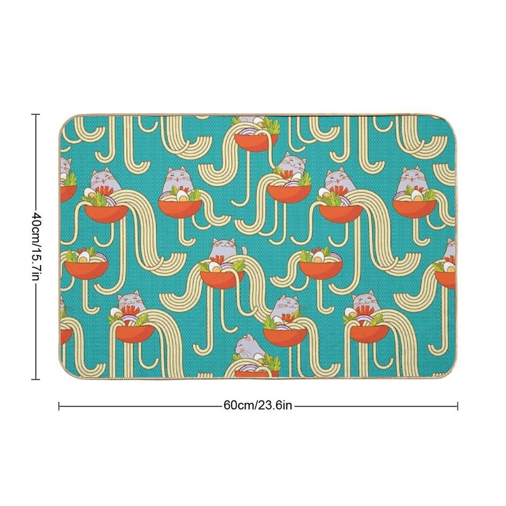Plates of Noodles And Funny Cats.  Slip-Resistant Bath Mat