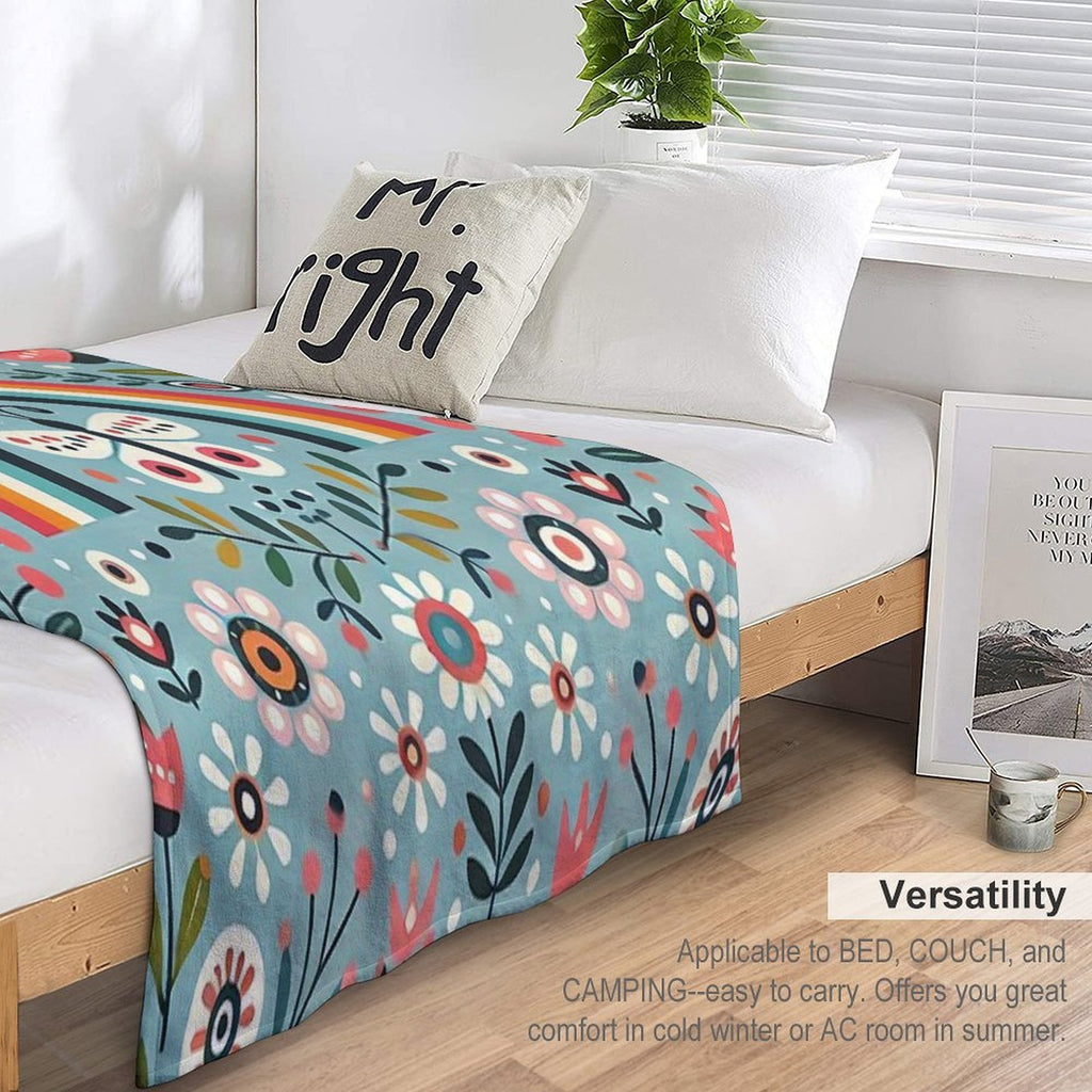 Blue Serene Folk Butterfly with Rainbow - Scandinavian Folk Art by Heidiannemorris © Durable Throw Blanket