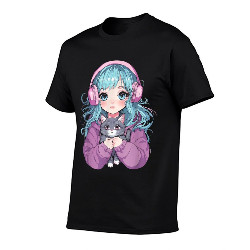 Anime Girl Cat Japanese Kawaiins Girls  Eco-friendly Material T-Shirt
