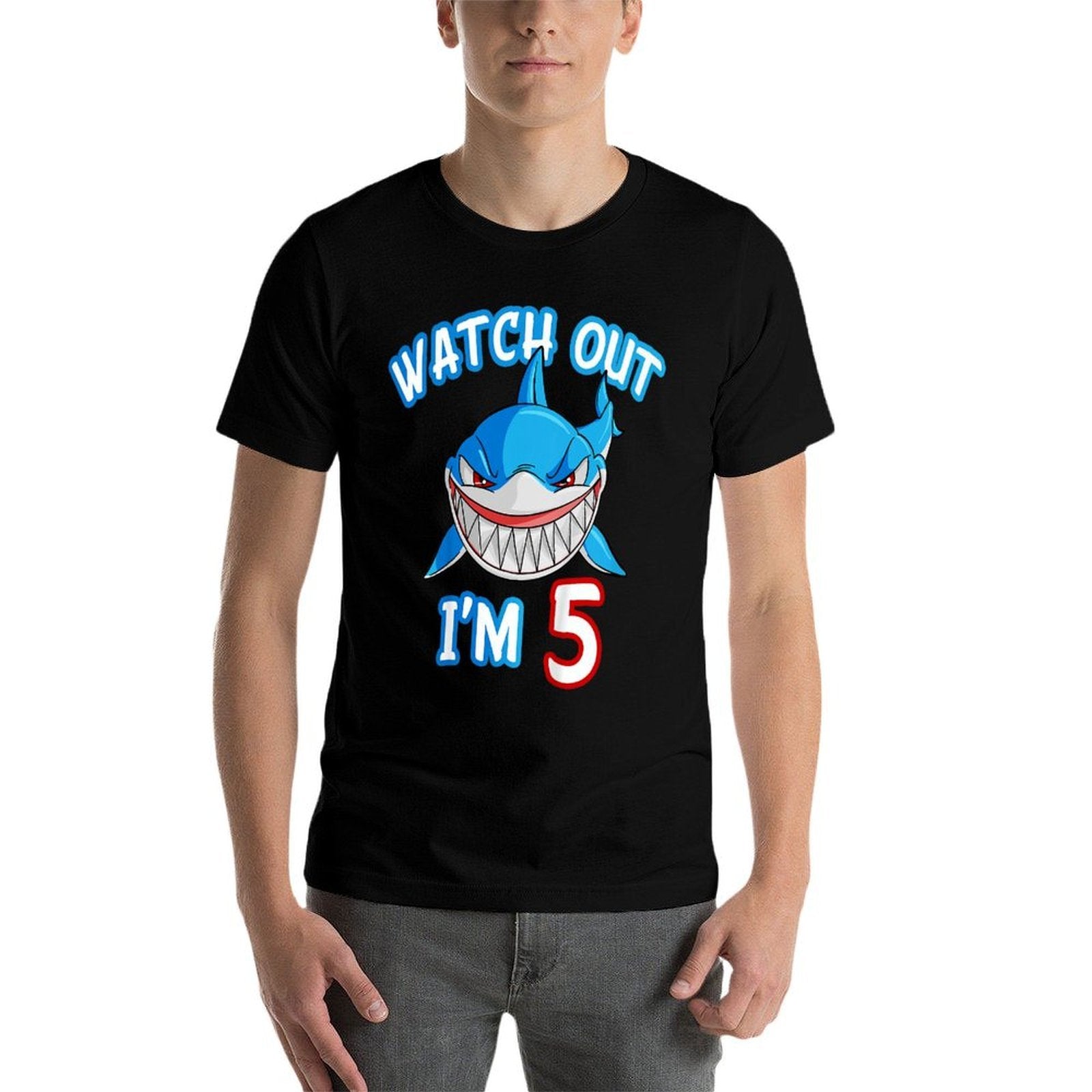 5 Yrs Old Boy Watch Out Shark SHIRT 5th Birthday  Cotton T-Shirt