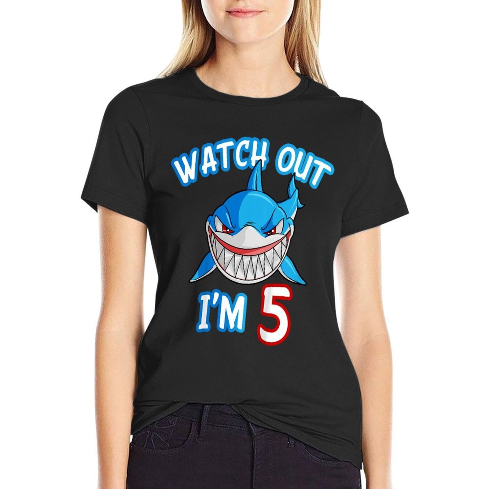 5 Yrs Old Boy Watch Out Shark SHIRT 5th Birthday  Cotton T-Shirt