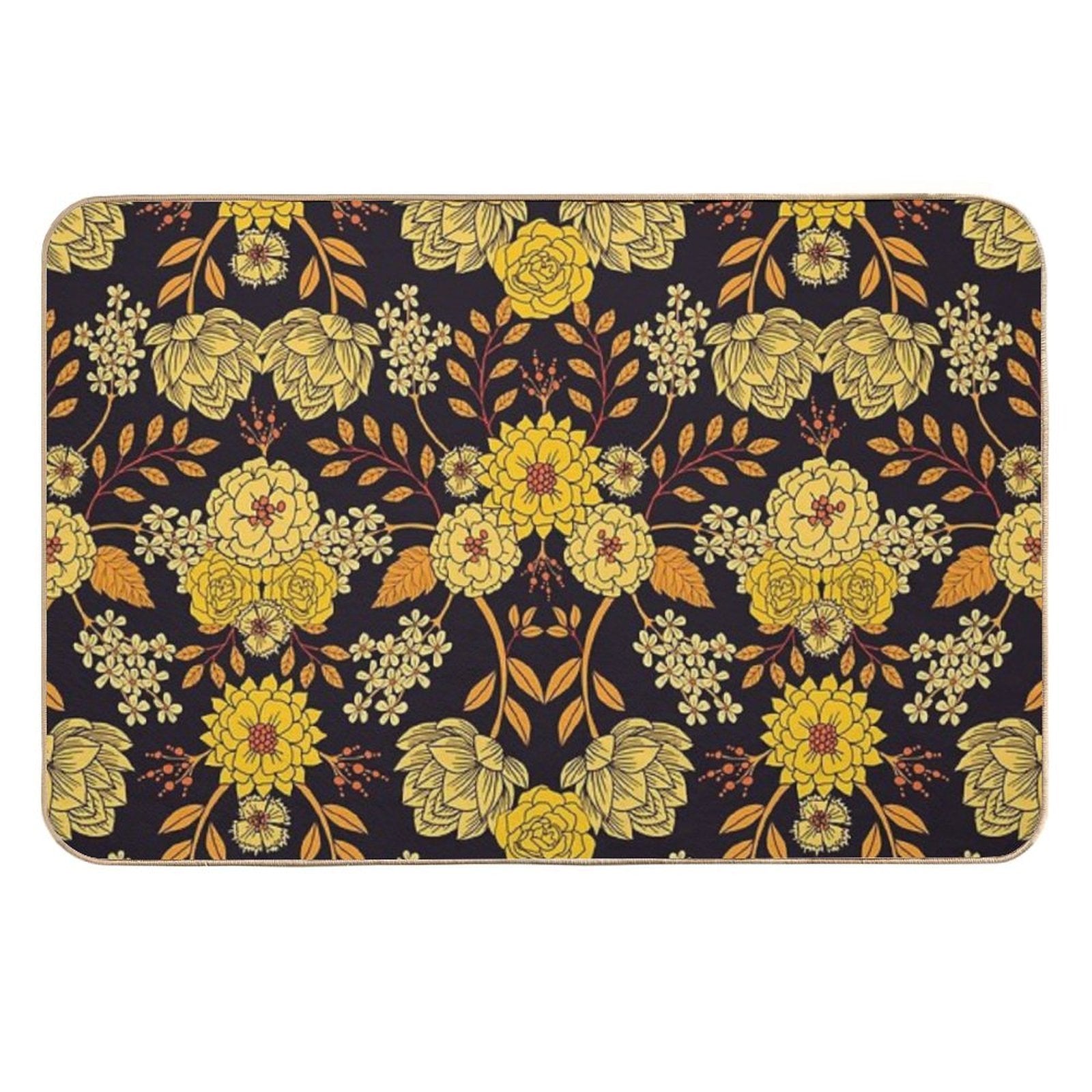 Yellow, Orange & Navy Blue Dark Floral Pattern  Easy Maintenance Bath Mat