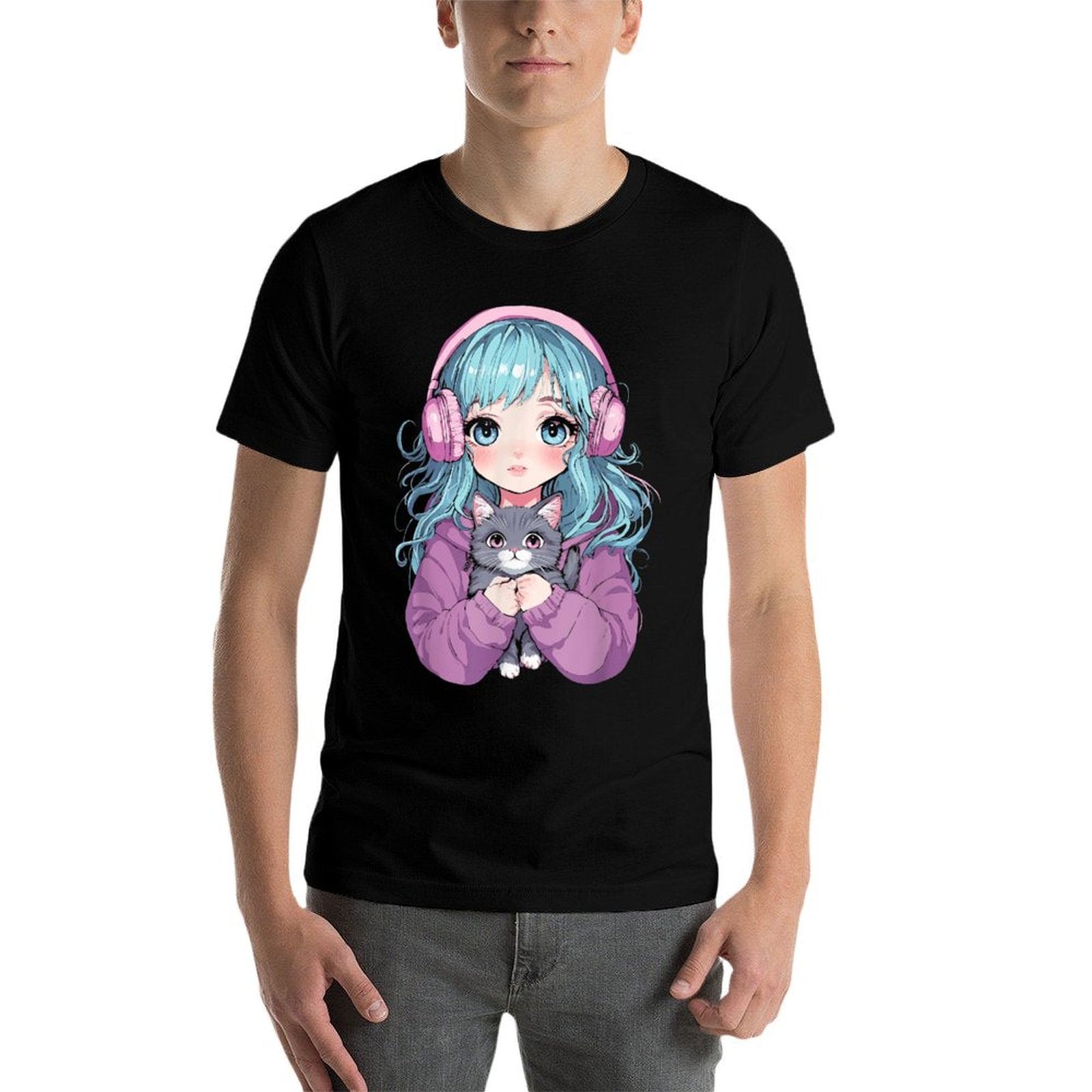 Anime Girl Cat Japanese Kawaiins Girls  Eco-friendly Material T-Shirt