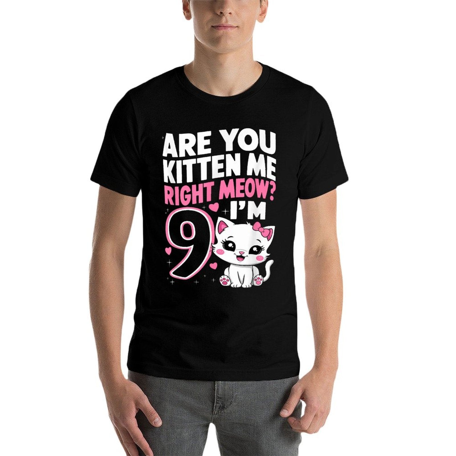 9th Birthday Girl 9yr Nine 9 Year Old Kitten Cat Bday  Fade-proof Color T-Shirt