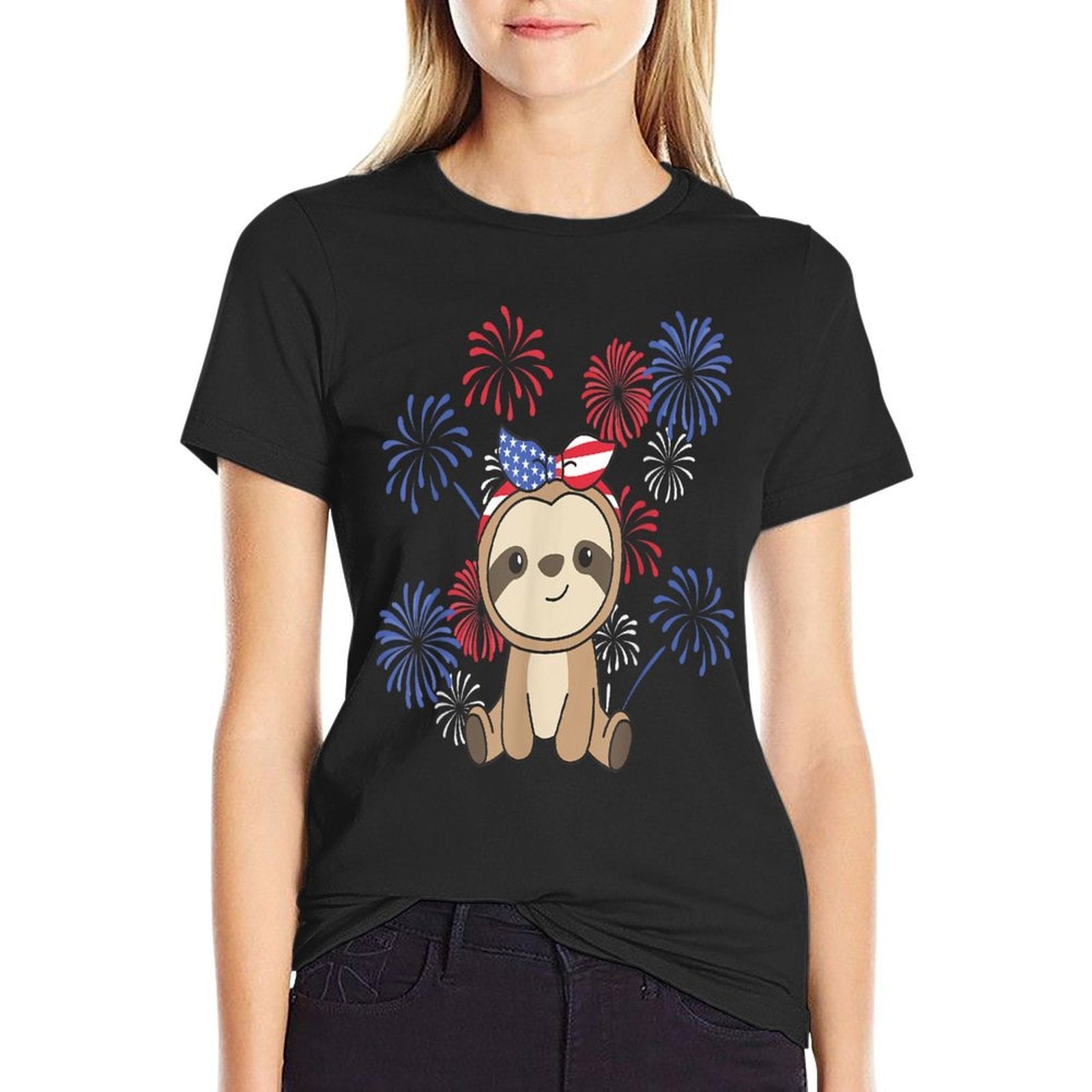 4th Of July American Sloth Kids Usa Fireworks Sloth  High-quality Stitching T-Shirt