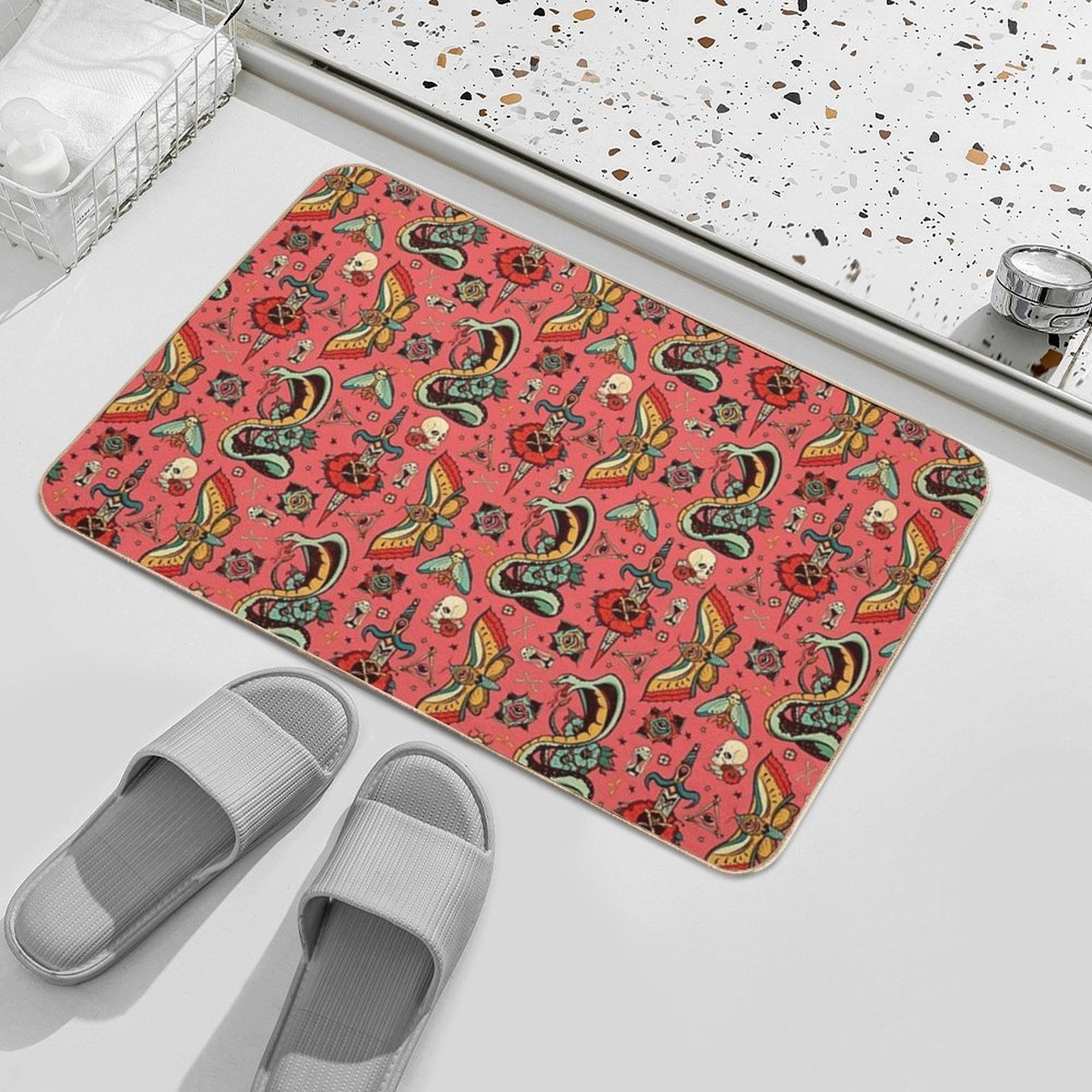 Pink Flash Tattoo Pattern  Long-Lasting Bath Mat