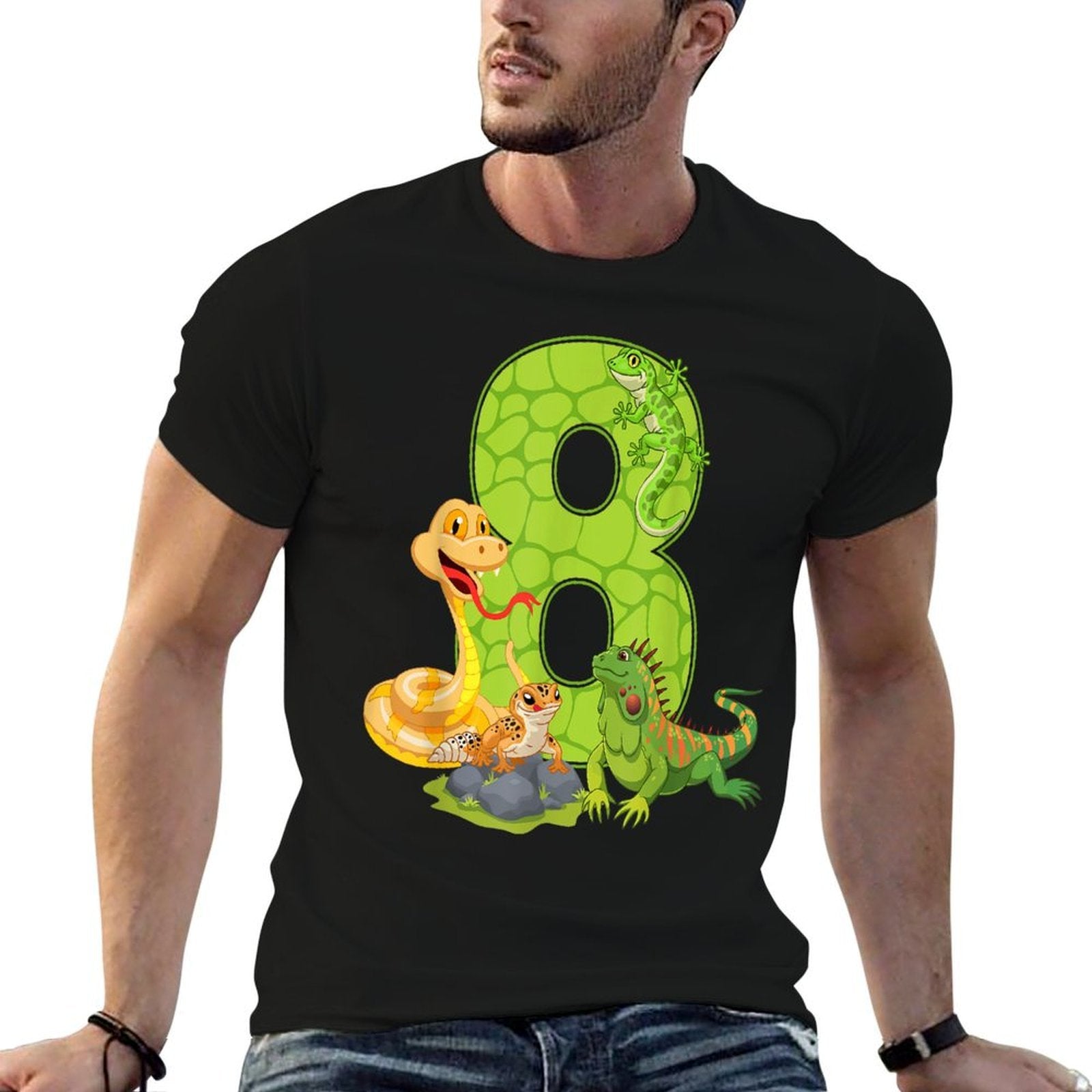 8th Birthday Snake Lizard Reptile 8 Year Old Birthday Party  Heathered Texture T-Shirt