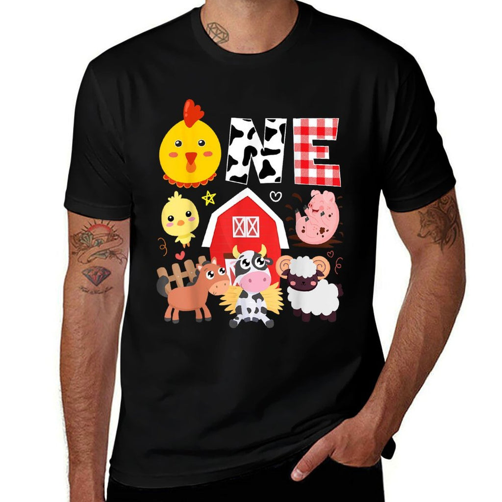 1st Birthday One Year Old Farm Theme Animals Birthday Party  Oversized Silhouette T-Shirt
