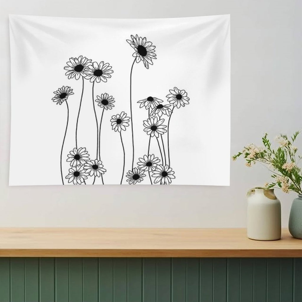 Daisies Botanical Line Drawing Tapestry