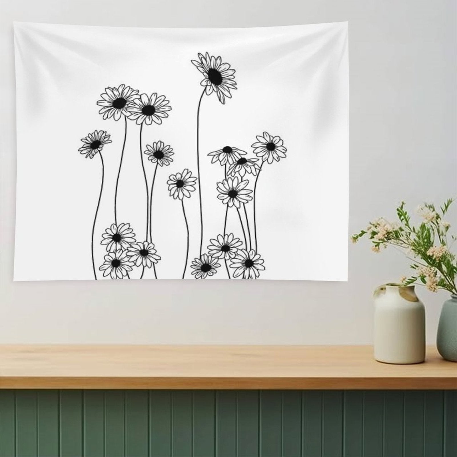Daisies Botanical Line Drawing Tapestry