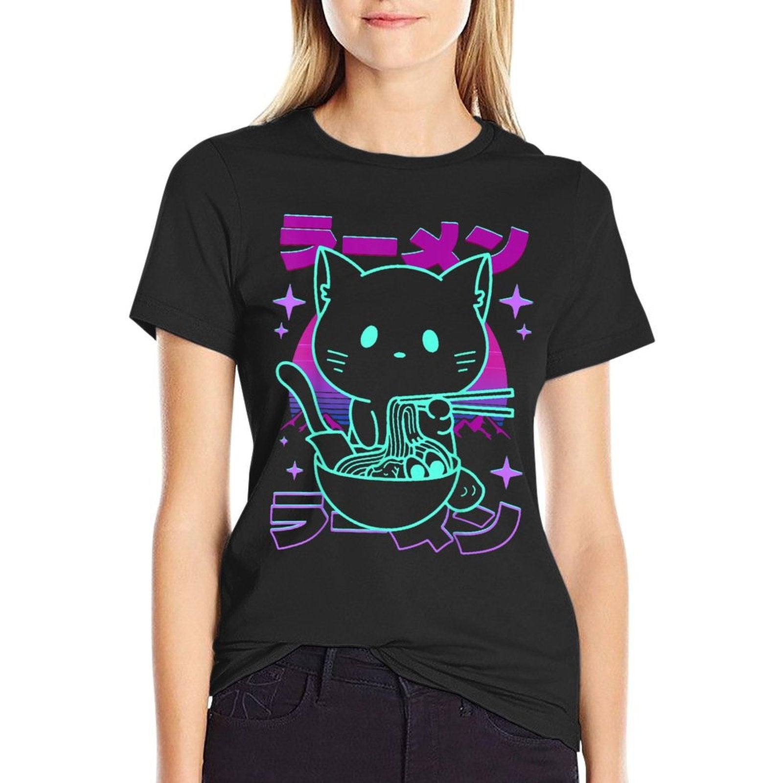 Anime Ramen Cat Retro Japanese Noodles Aesthetic Kawaii Cat  Tagless Design T-Shirt