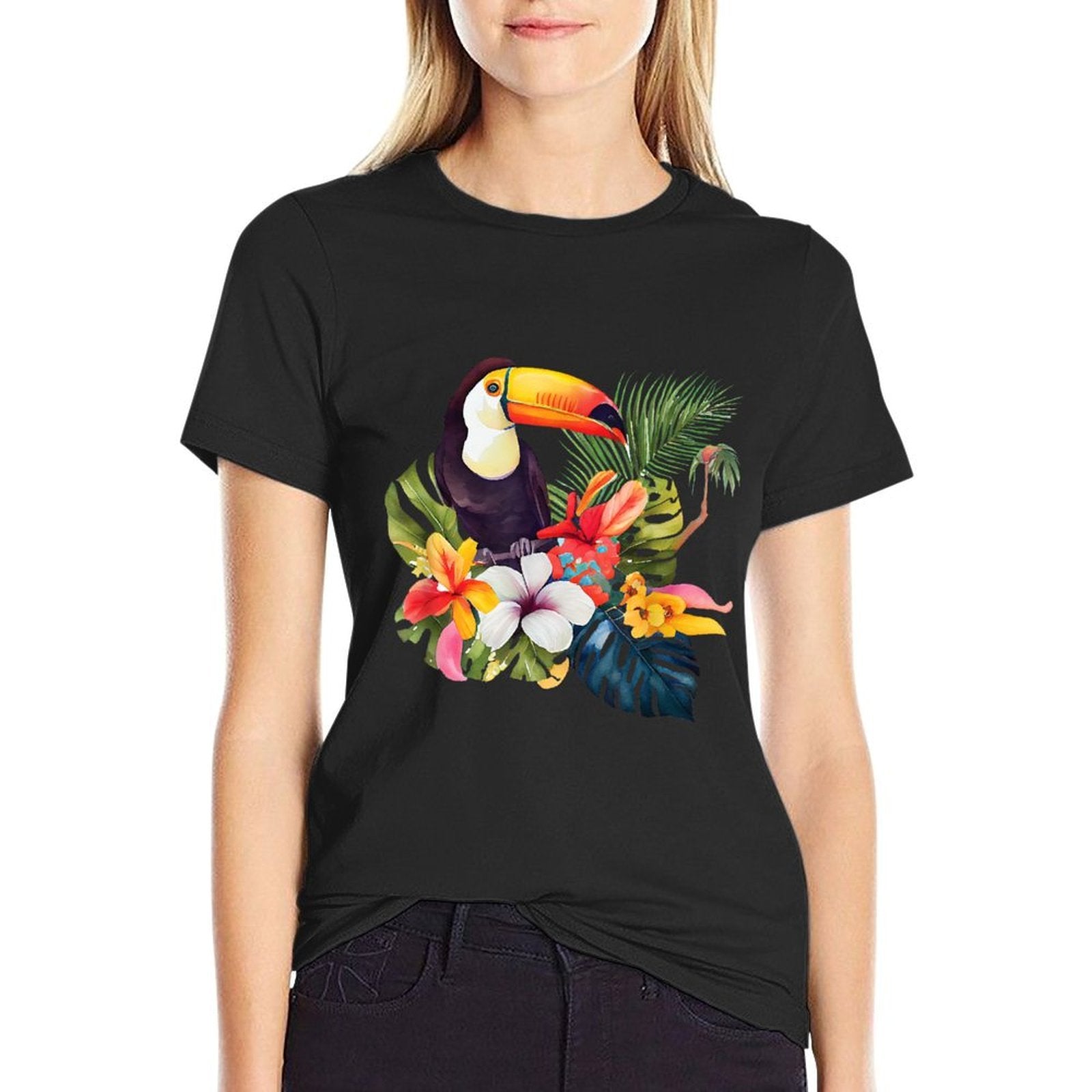 Tropical Toucan Watercolor Vibrant Flowers Jungle Leaves  Eco-friendly Material T-Shirt