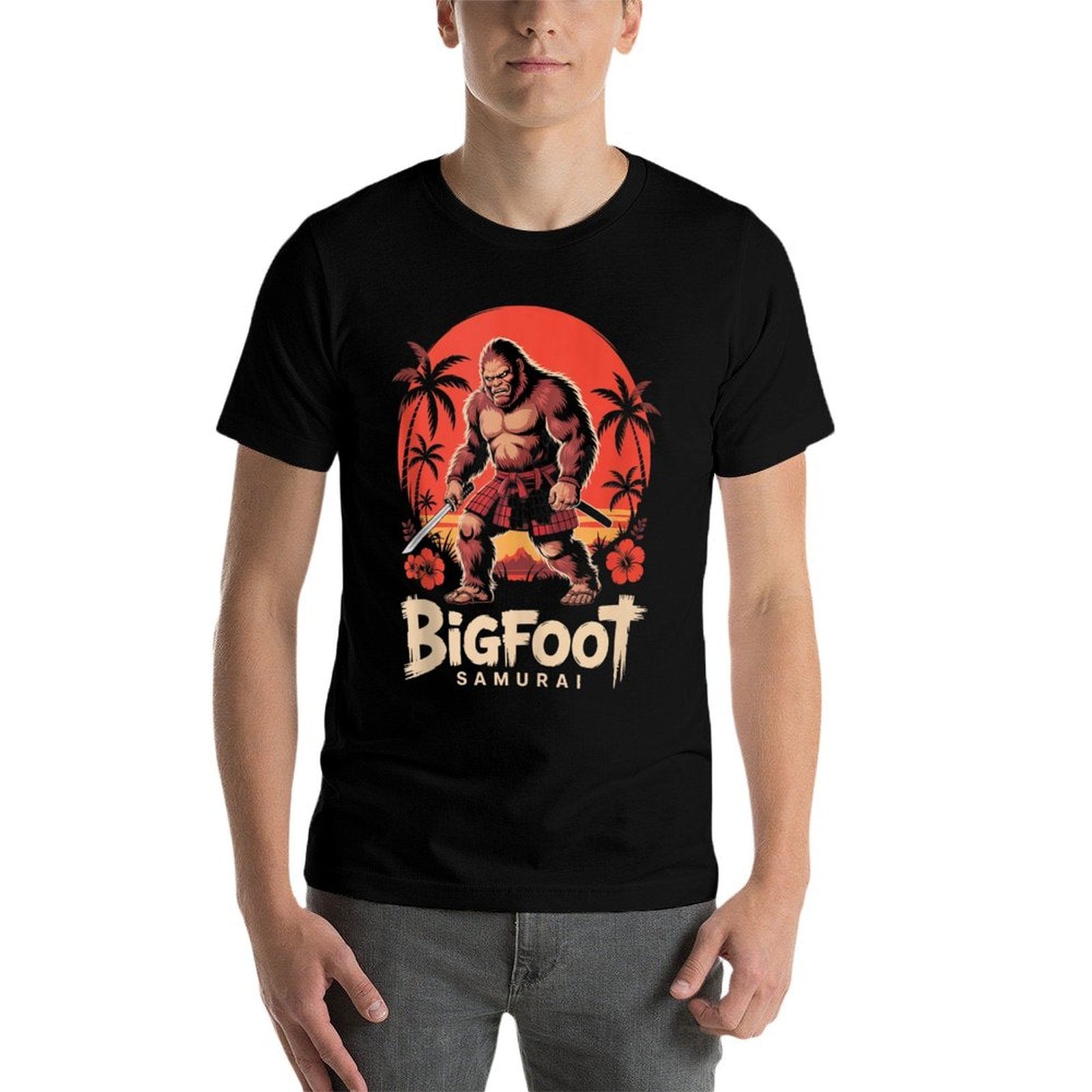 Samurai Bigfoot Ukiyo-e Art Japanese Vintage Graphic Funny  Rolled Sleeves T-Shirt