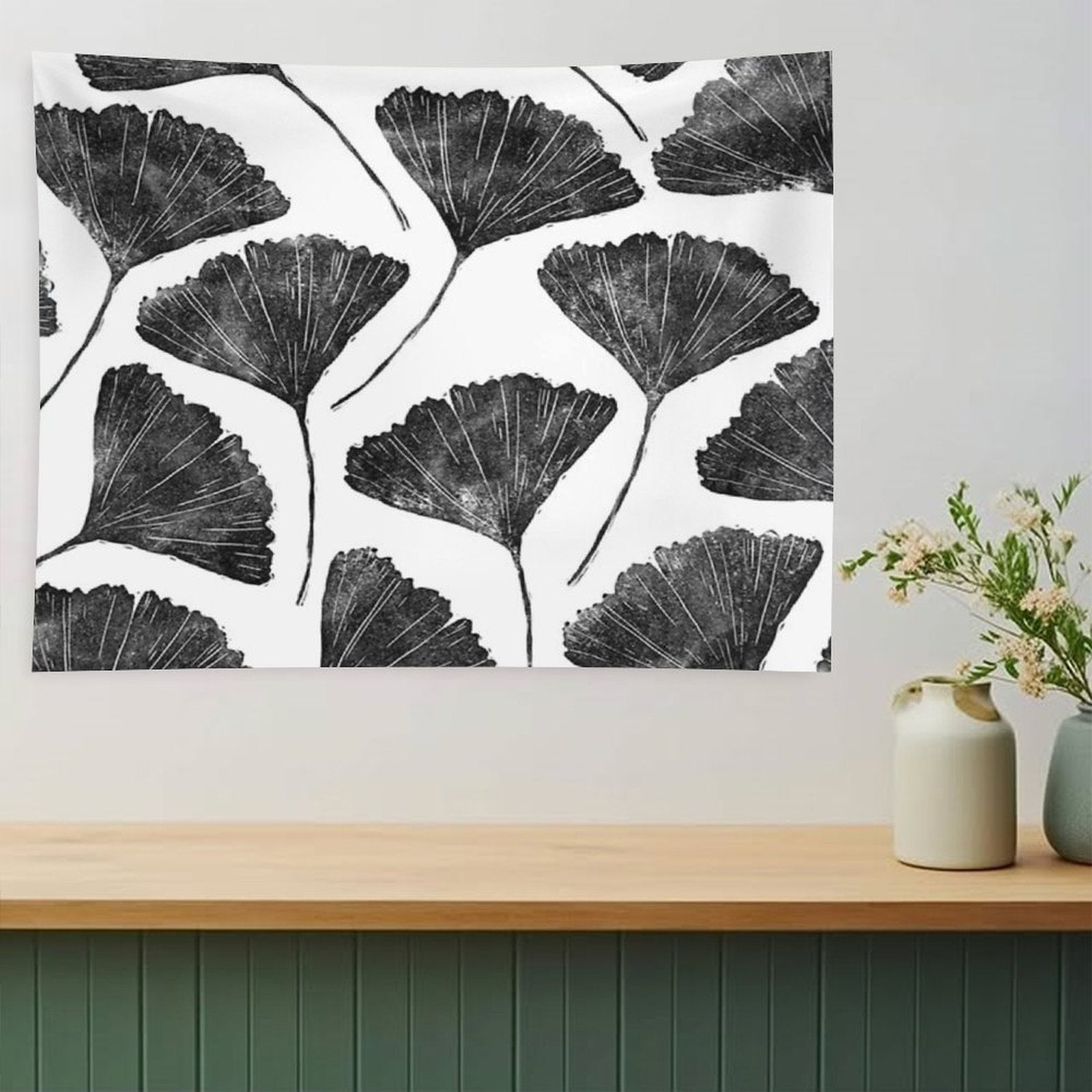 Ginkgo Biloba, Lino Cut Nature Inspired Leaf Pattern Tapestry