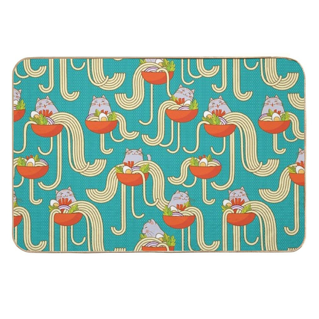 Plates of Noodles And Funny Cats.  Slip-Resistant Bath Mat