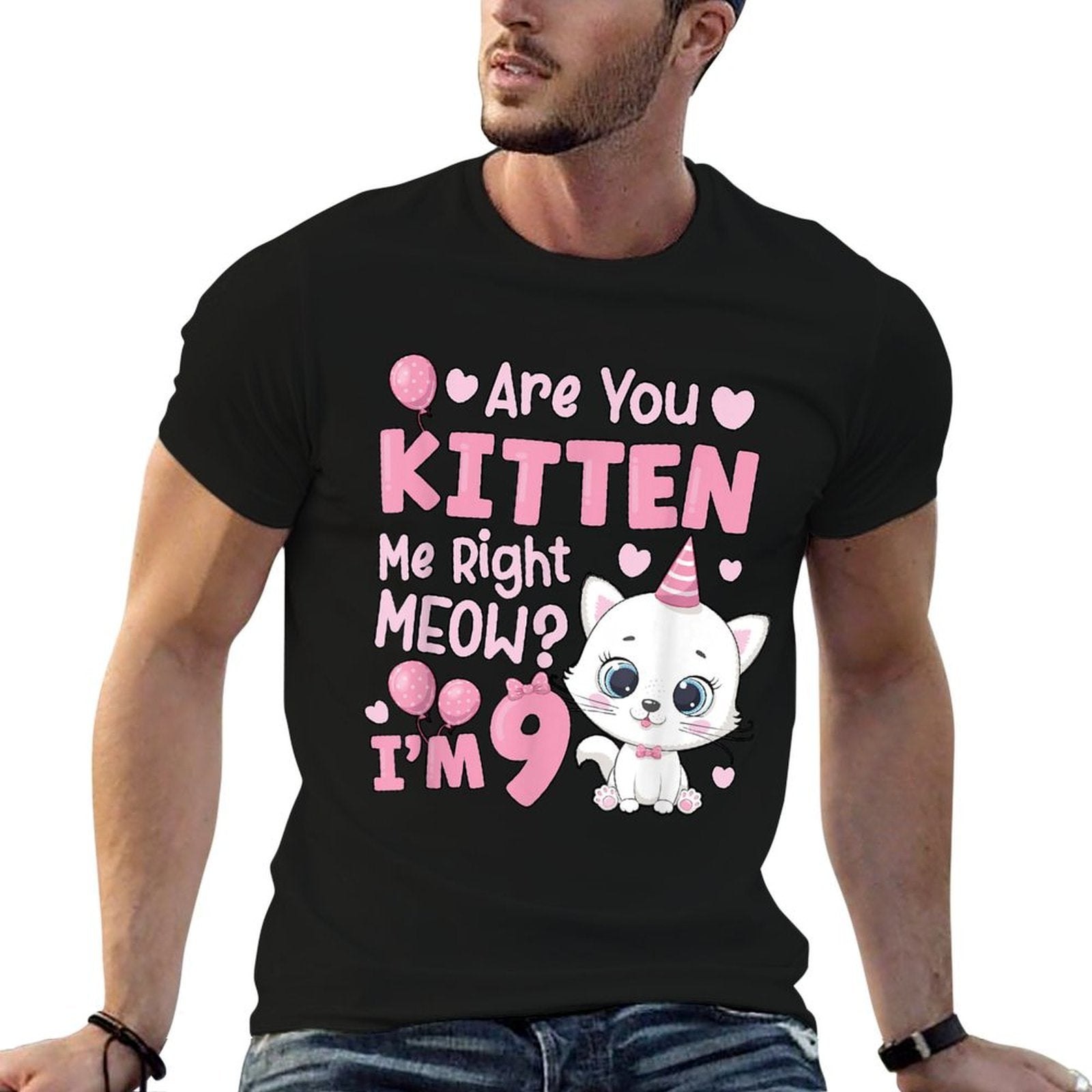 9th Cat Birthday Party Nine Year Old Girl Kitty Birthday  Oversized Silhouette T-Shirt