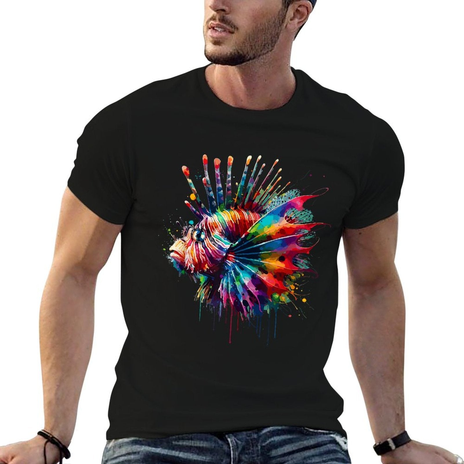 Colorful Splash Art Red Lionfish Lion Fish Butterfly Cod  High-quality Stitching T-Shirt