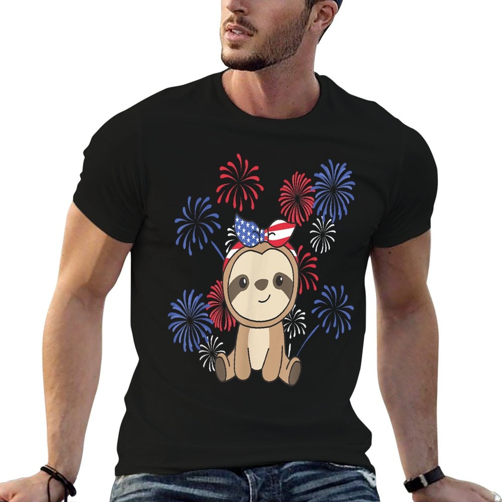 4th Of July American Sloth Kids Usa Fireworks Sloth  High-quality Stitching T-Shirt