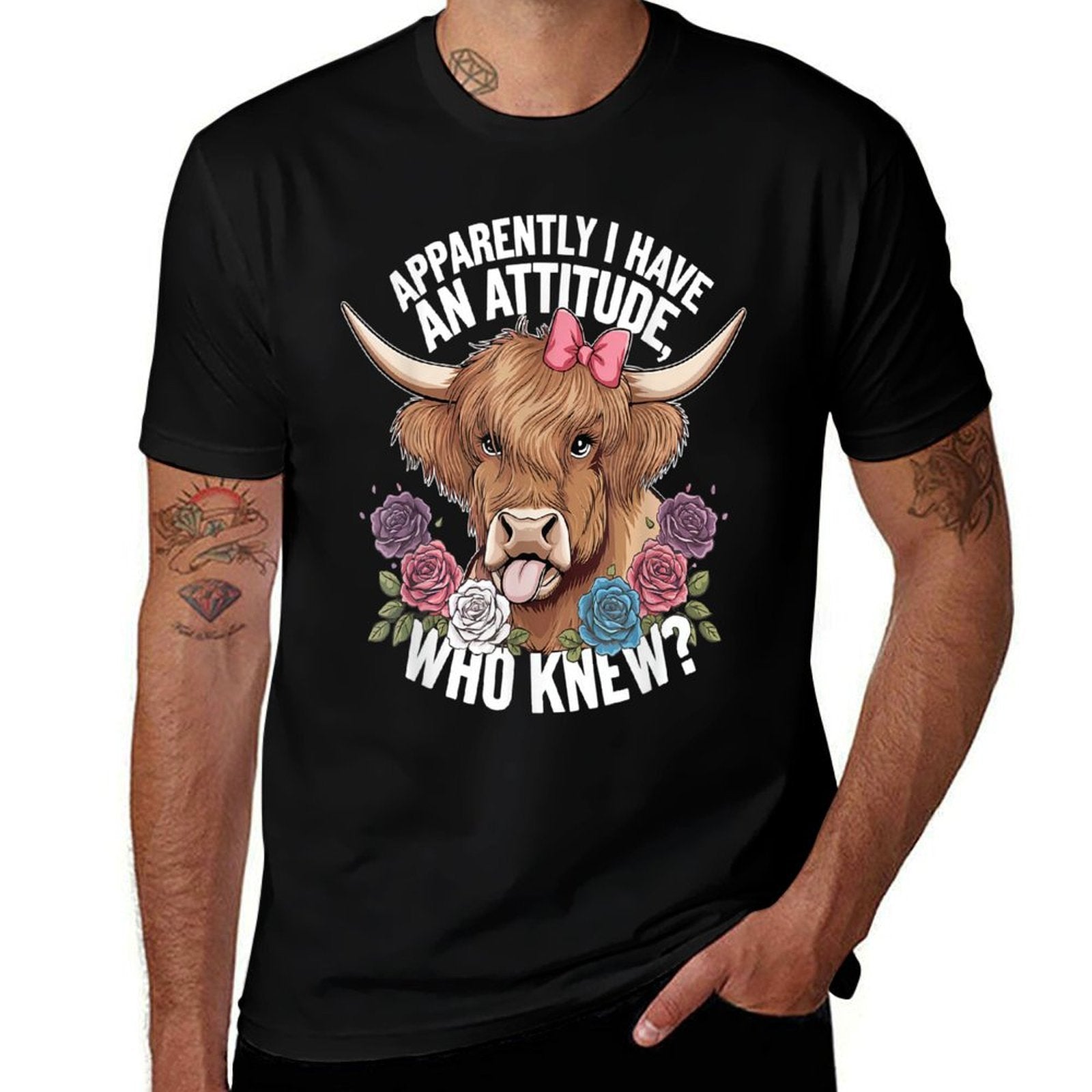 Apparently I Have An Attitude Who Knew Sarcasm Highland Cow  Ribbed Collar T-Shirt